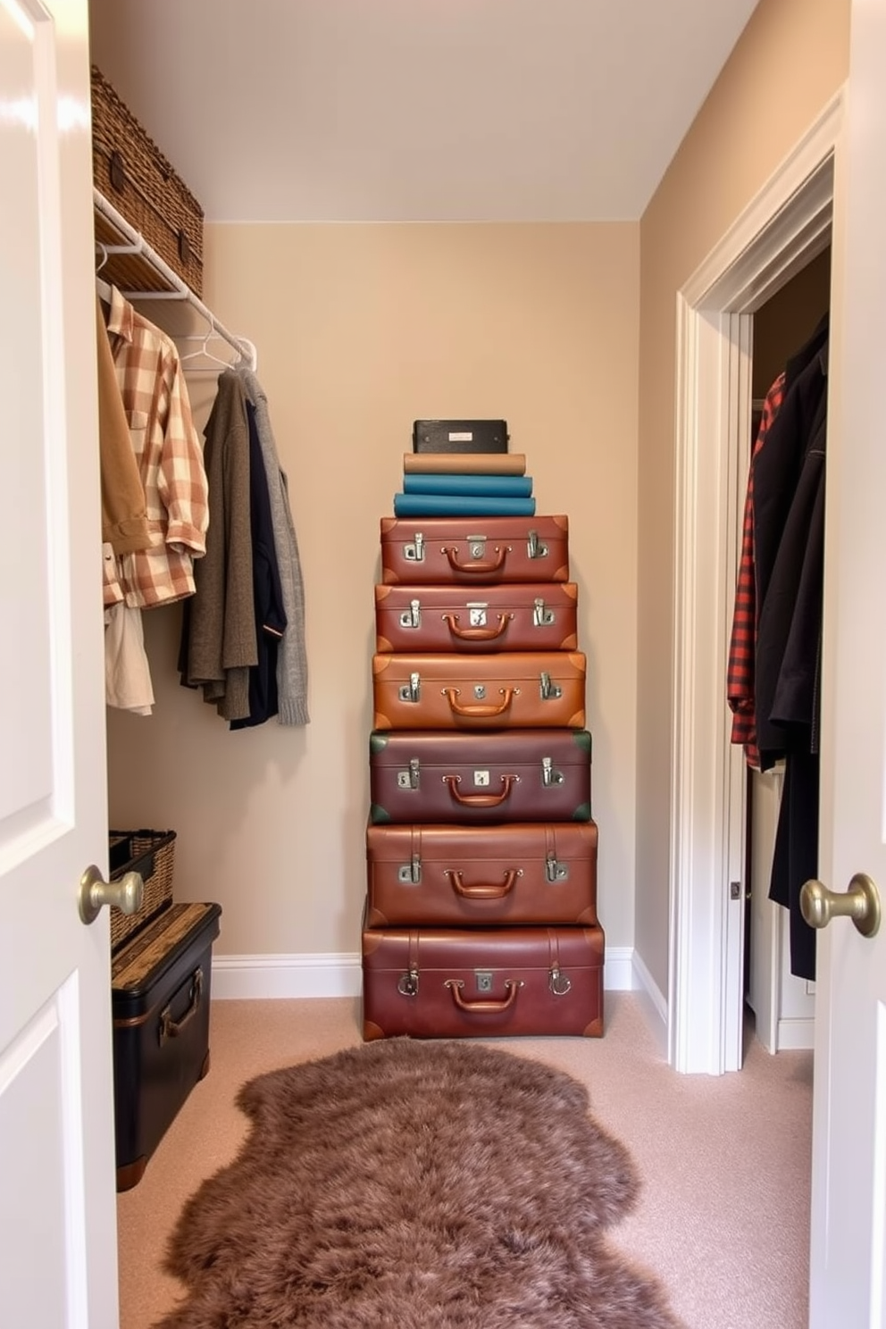 A cozy closet space designed with vintage suitcases stacked neatly in the corner for stylish storage. The walls are painted in a soft beige, and a plush area rug adds warmth to the room, creating an inviting atmosphere for organizing your belongings.