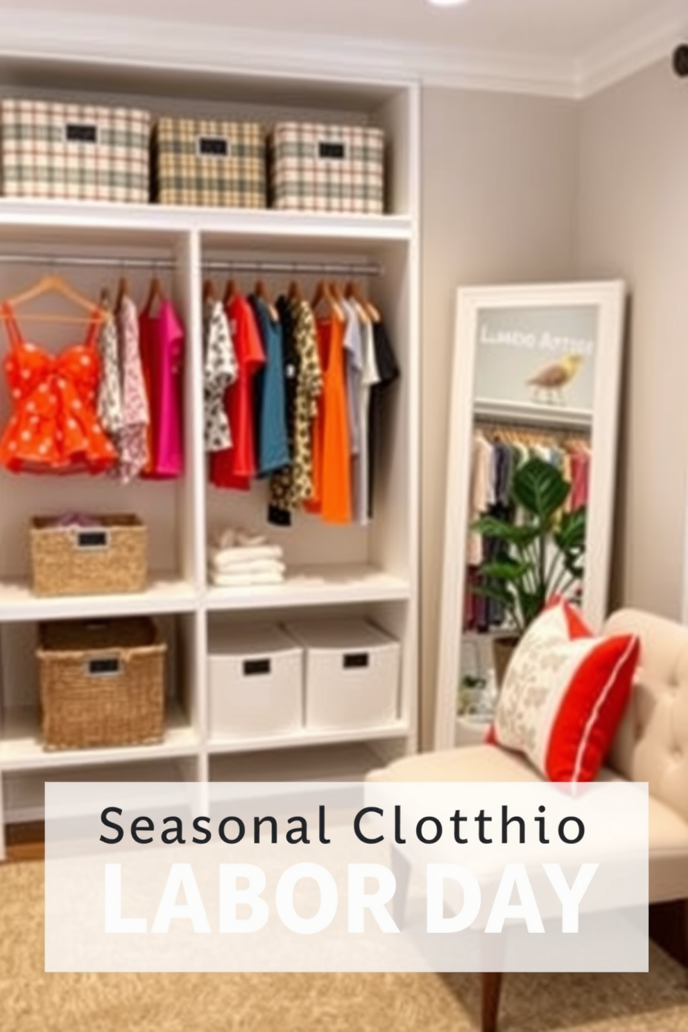 A stylish seasonal clothing rotation area designed for Labor Day. The space features neatly organized shelves with vibrant summer attire on display, complemented by decorative bins for off-season items. A full-length mirror is positioned beside a comfortable seating area, allowing for easy outfit selection. Soft lighting enhances the inviting atmosphere, while a small plant adds a touch of greenery to the space.