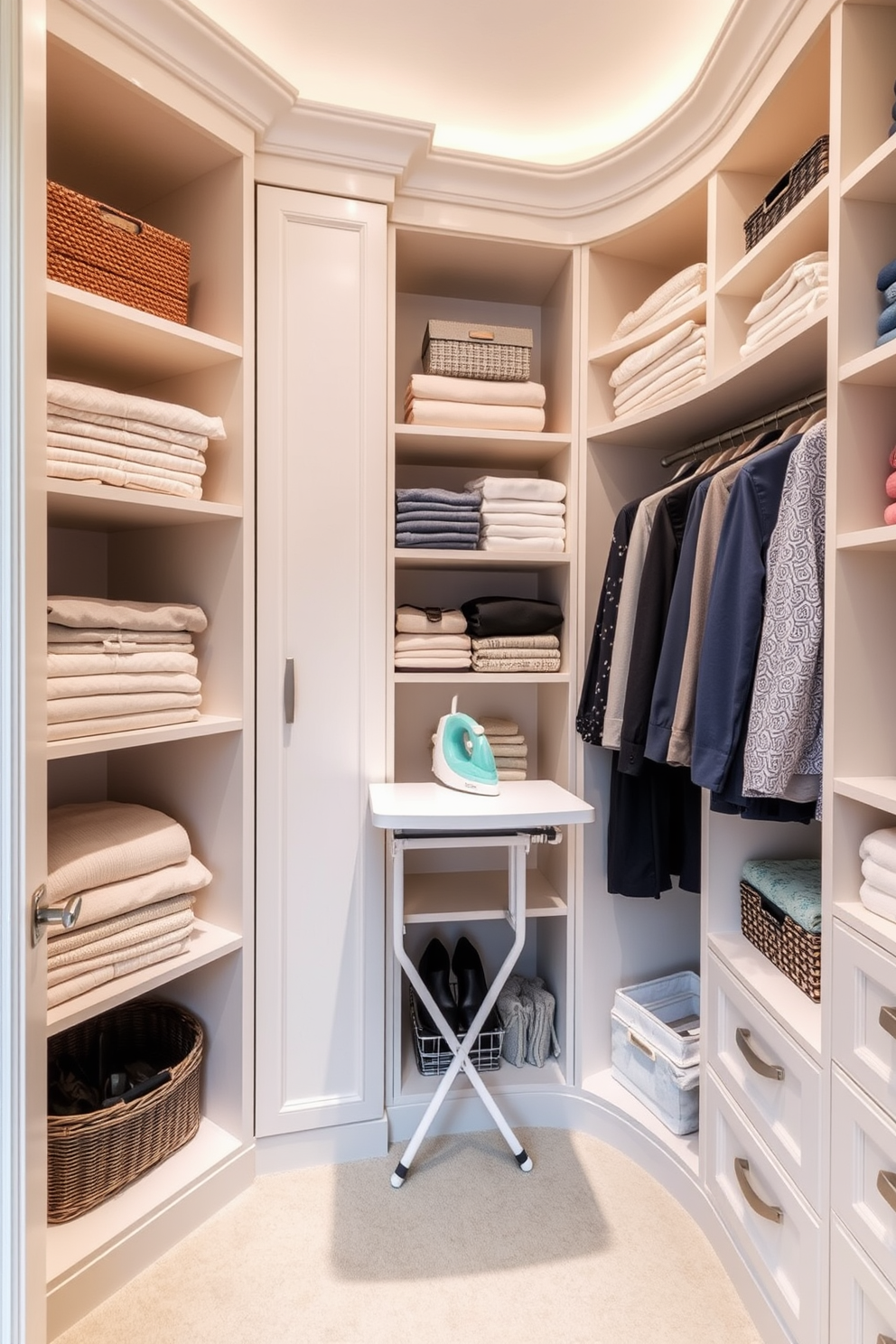 A stylish closet space designed for efficiency and elegance. The focal point is a foldable ironing station integrated into the cabinetry, allowing for easy access and storage. Soft lighting illuminates the room, highlighting the organized shelves filled with neatly folded clothes and accessories. A color palette of soft neutrals and pastel accents creates a calming atmosphere, making the closet a delightful space to spend time in.