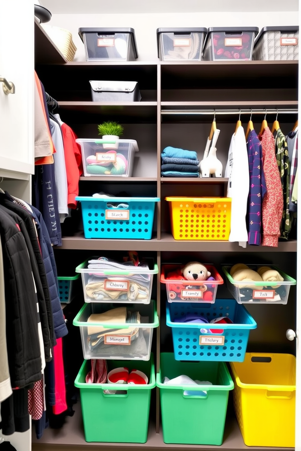 Create a stylish and organized closet space that utilizes clear bins for easy visibility. Incorporate a mix of open shelving and hanging rods to maximize storage while keeping everything accessible and neat. Use vibrant colors to add a cheerful touch to the closet, ensuring that the bins are labeled for quick identification. Include decorative elements like a small potted plant or framed artwork to personalize the space and make it inviting.