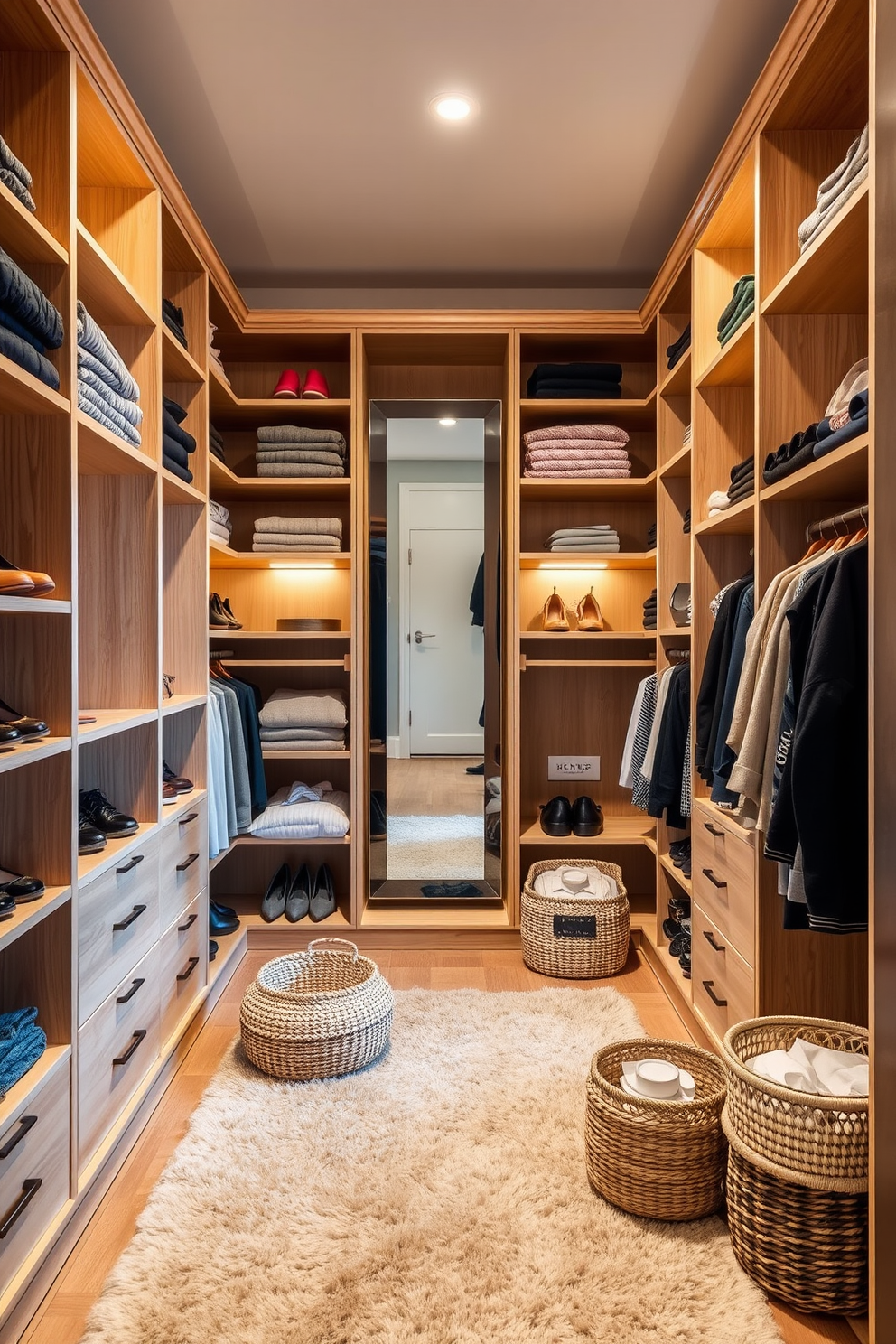 A stylish and organized closet space featuring custom-built shelving units crafted from light wood. The shelves are filled with neatly folded sweaters and color-coordinated shoes, while a full-length mirror is mounted on the back wall. Soft ambient lighting illuminates the space, creating a warm and inviting atmosphere. A plush area rug in neutral tones lies on the floor, and decorative baskets are used to store accessories and seasonal items.