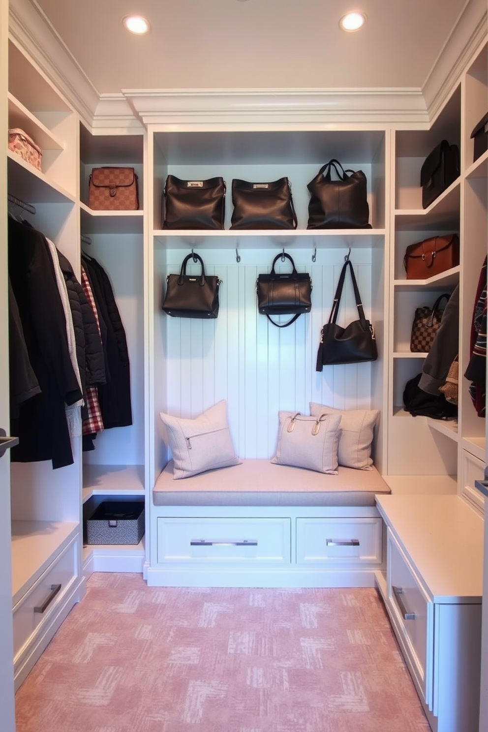 Create a dedicated space for bags in a stylish closet. Include built-in shelving for organized storage and a chic bench for seating. Incorporate a variety of hooks and compartments for different bag sizes. Use a neutral color palette with soft lighting to enhance the ambiance.