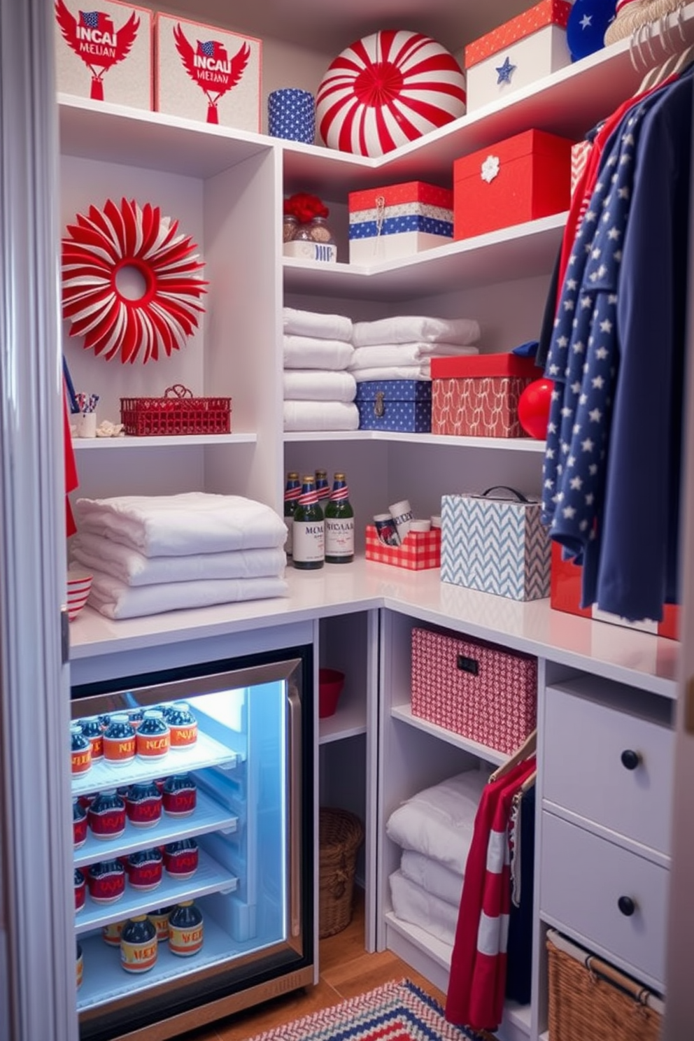 A stylish closet space designed for Labor Day celebrations. It features a small fridge tucked neatly into the corner, stocked with refreshing beverages for guests. The closet is organized with seasonal decorations in vibrant colors, showcasing red, white, and blue accents. Shelves are lined with neatly folded linens and decorative boxes, adding both functionality and charm.