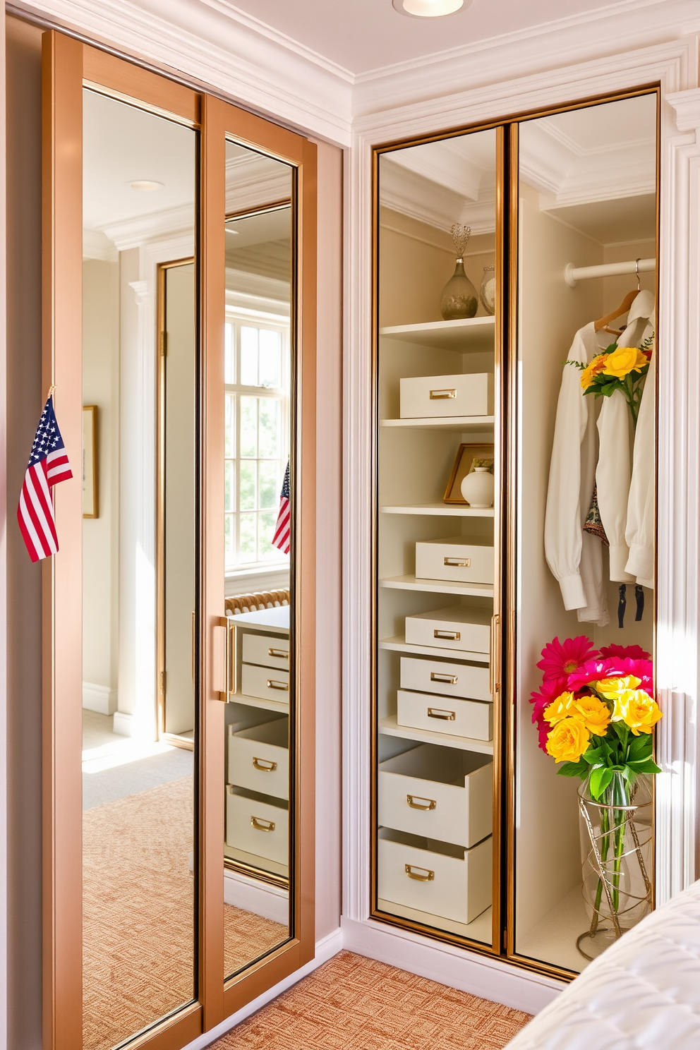 A stylish closet space featuring mirror doors that reflect natural light, enhancing the overall brightness of the room. The closet is organized with open shelving and elegant storage bins, creating a functional yet aesthetically pleasing environment. Incorporate Labor Day-themed decorations such as small American flag accents and seasonal flowers in vibrant colors. The overall design should evoke a sense of celebration while maintaining a sophisticated and polished look.