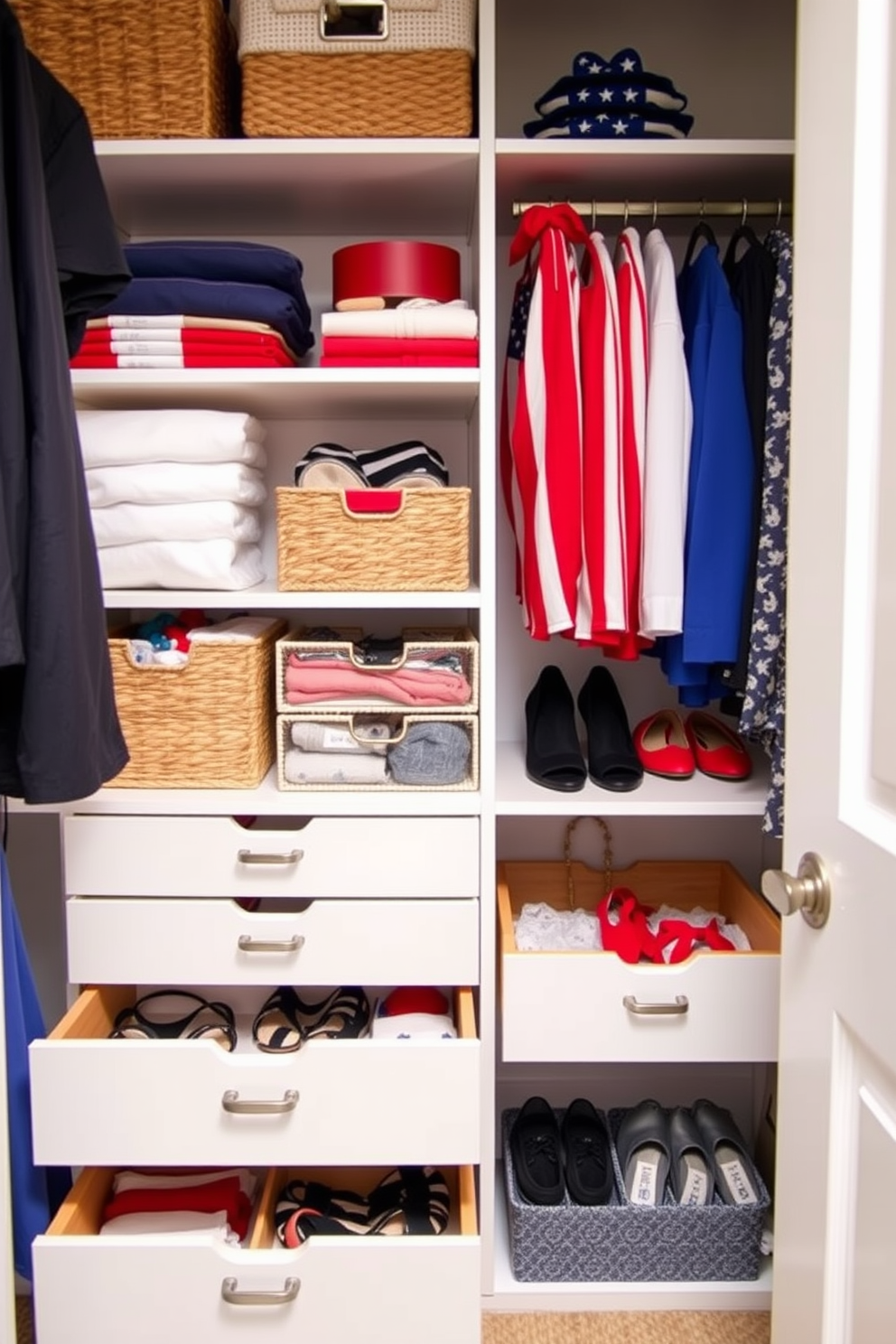 A well-organized closet features drawer dividers to neatly separate small items such as accessories and undergarments. The space is enhanced with seasonal decor ideas inspired by Labor Day, incorporating red, white, and blue accents throughout the shelves.