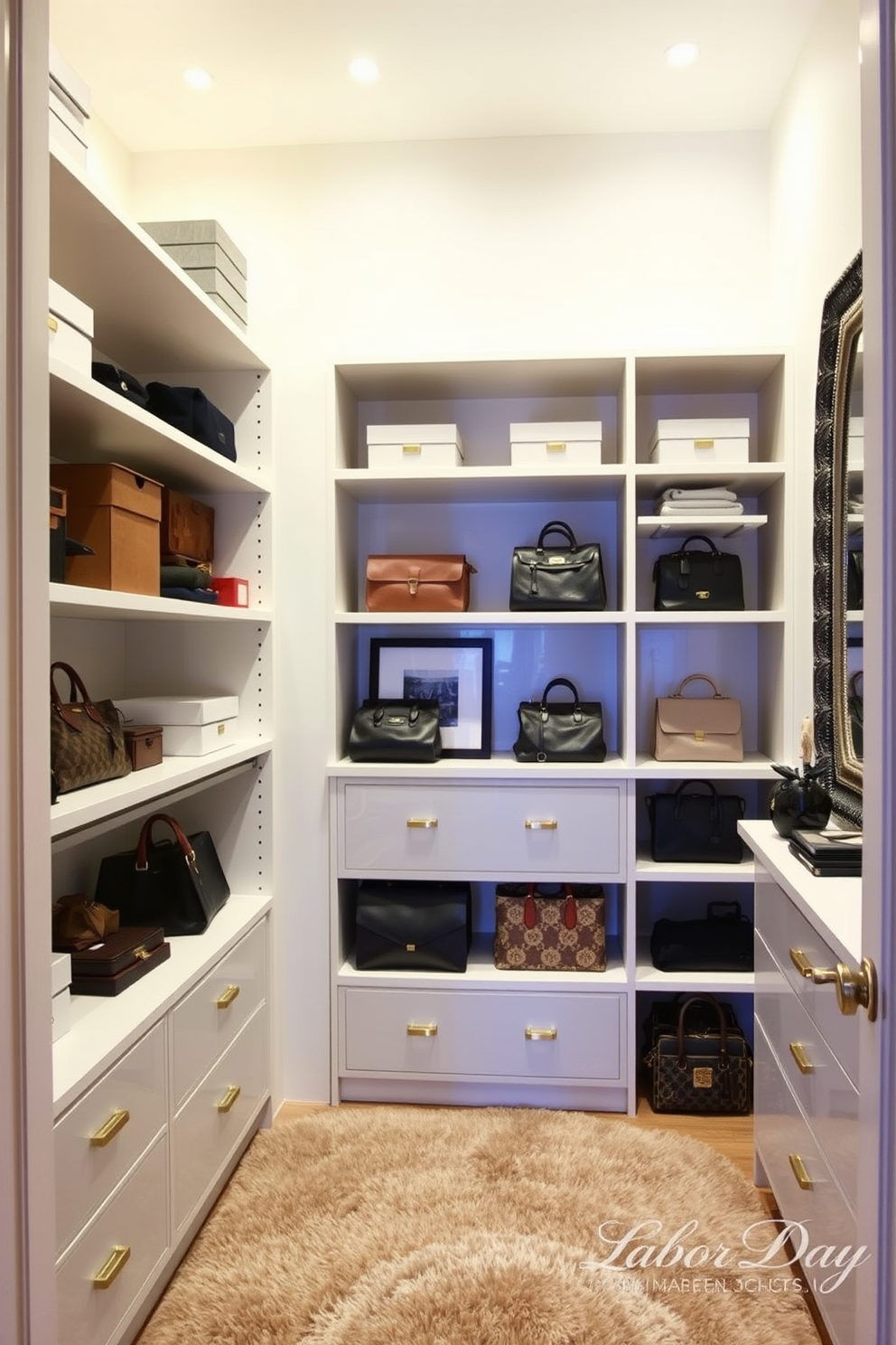 A stylish closet featuring tall shelves that reach the ceiling, maximizing vertical space for storage. The shelves are filled with neatly organized boxes and designer handbags, while a plush rug adds warmth to the space. Incorporate decorative elements like framed artwork and a statement mirror on the walls. Soft lighting illuminates the closet, creating a welcoming atmosphere perfect for Labor Day celebrations.