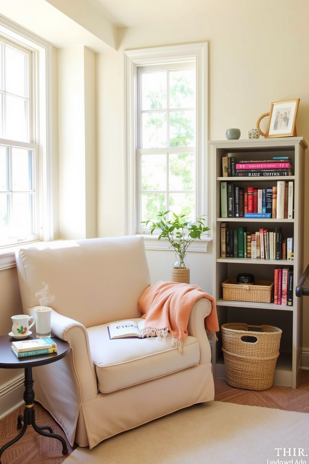 A cozy reading nook is nestled by a large window, featuring a plush armchair upholstered in soft pastel fabric. A small side table holds a steaming cup of tea and a stack of well-loved books, while a warm throw blanket drapes over the armchair. The walls are painted in a soft cream hue, enhancing the natural light that floods the space. A decorative bookshelf filled with colorful books and personal mementos adds character to the nook, creating an inviting atmosphere for relaxation. For Labor Day closet decorating ideas, consider organizing your closet with stylish storage solutions that reflect your personal style. Incorporate decorative bins and baskets to keep items tidy while adding a pop of color to the space.