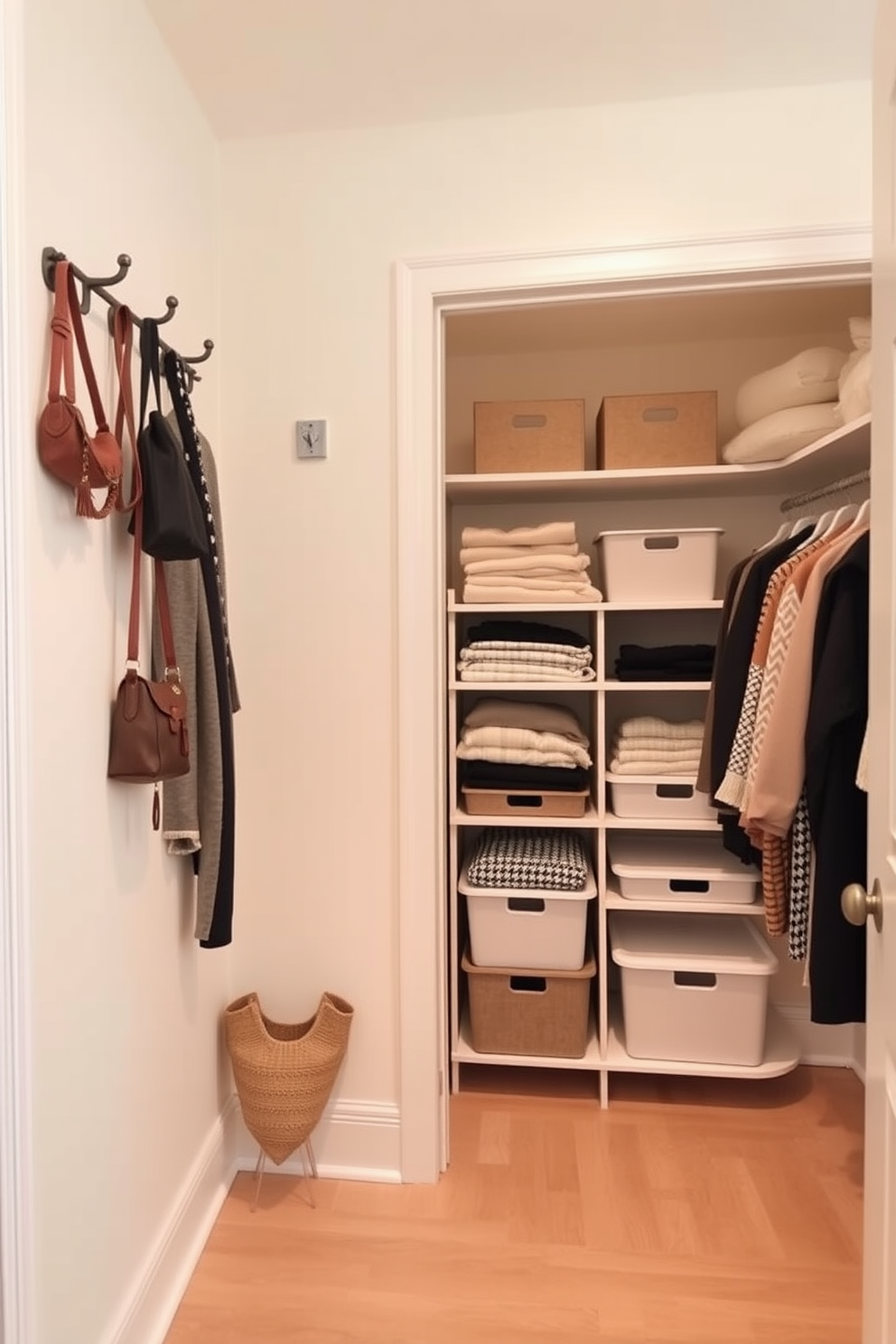 A stylish closet space designed for functionality and aesthetics. The walls are painted in a soft cream color, and the floor is adorned with light hardwood, creating a warm ambiance. Incorporate decorative hooks on the wall for hanging accessories such as bags and scarves. A well-organized shelving unit displays neatly folded clothes and storage bins, adding to the overall charm of the closet.