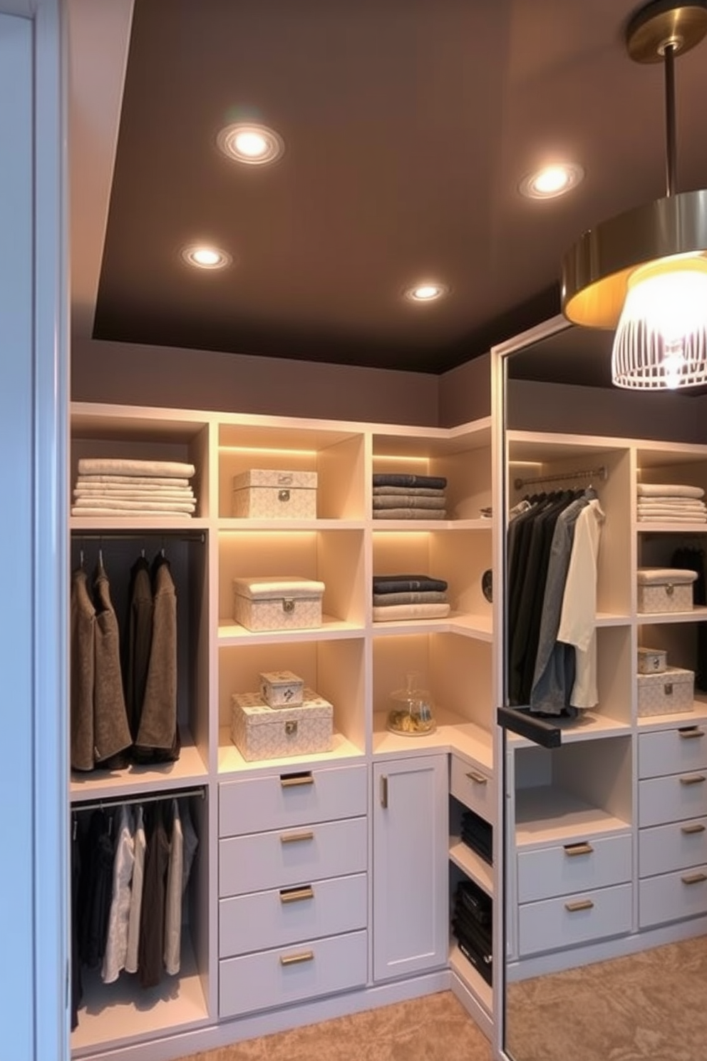 A stylish closet space designed for both functionality and aesthetics. The closet features layered lighting with recessed ceiling lights and a chic pendant fixture, creating a warm and inviting atmosphere. The shelves are organized with neatly folded clothes and decorative boxes for storage. A full-length mirror is positioned on one side, enhancing the sense of space and providing a practical dressing area.