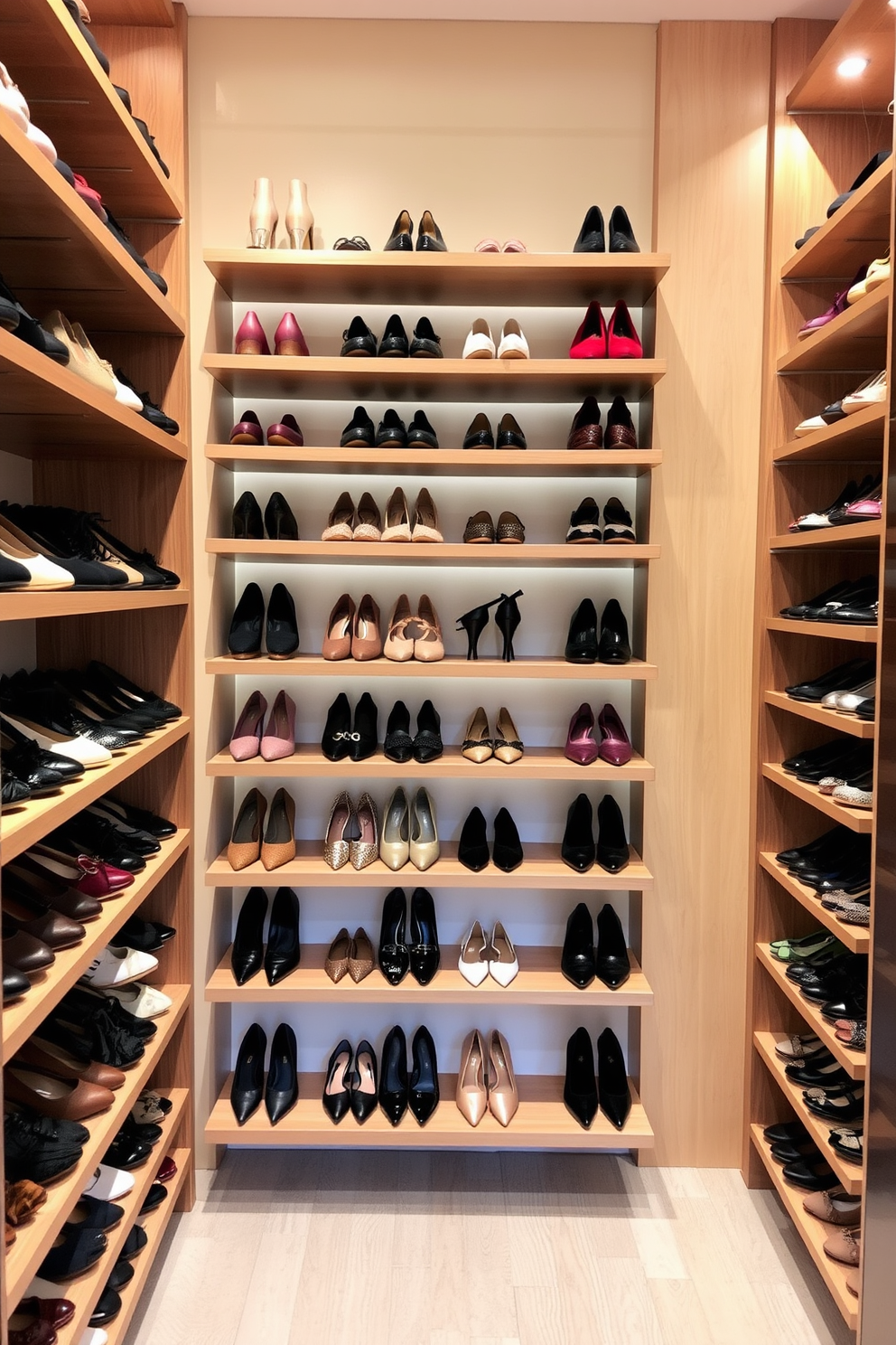 A stylish shoe display featuring sleek wooden racks arranged in an organized manner. Each rack is filled with an assortment of designer shoes, showcasing various styles and colors. The backdrop of the display is a soft beige wall that complements the wooden tones. Elegant lighting highlights the shoes, creating a warm and inviting atmosphere in the closet.