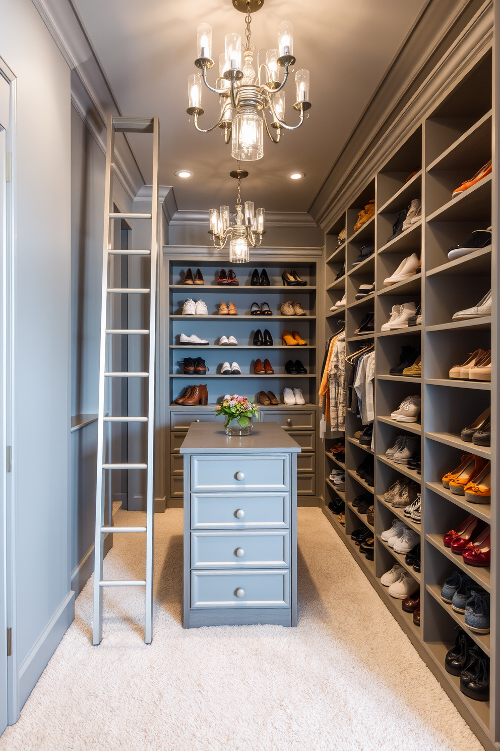 A stylish closet featuring a sliding ladder for easy access to high shelves. The walls are painted in a soft gray hue, and the floor is covered with a plush cream carpet. Open shelving displays neatly organized shoes and accessories, while a central island provides additional storage. Elegant lighting fixtures illuminate the space, creating a warm and inviting atmosphere.