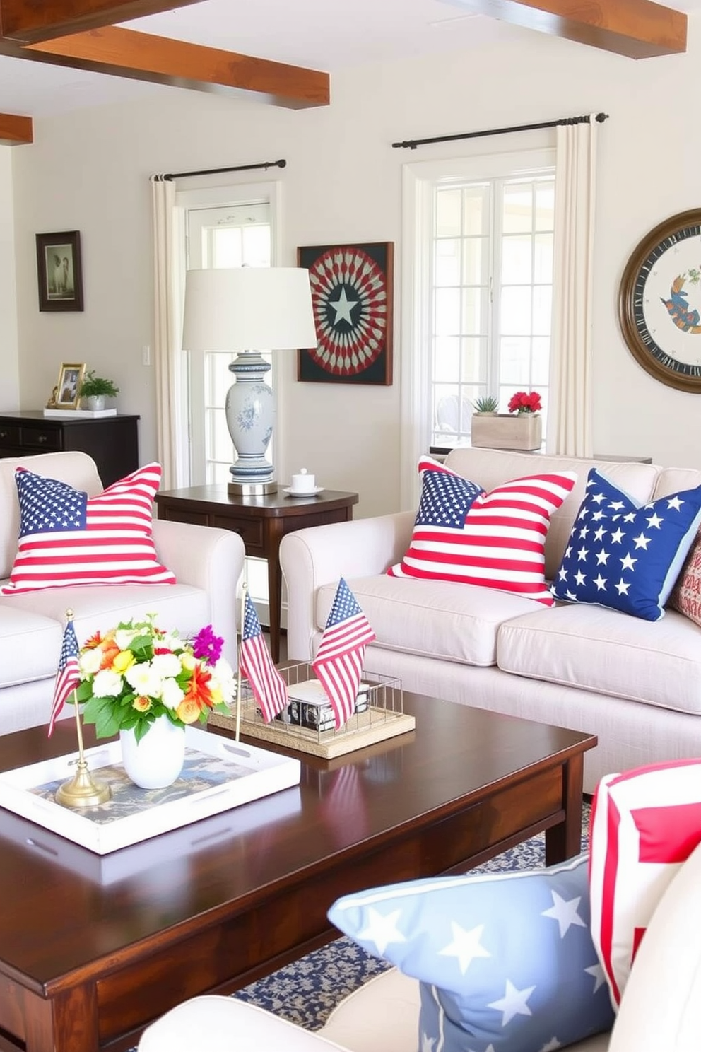 Create a cozy living room setting featuring sofas adorned with patriotic throw pillows in red white and blue. The room is decorated for Labor Day with subtle festive accents like small flags and seasonal flowers on the coffee table.