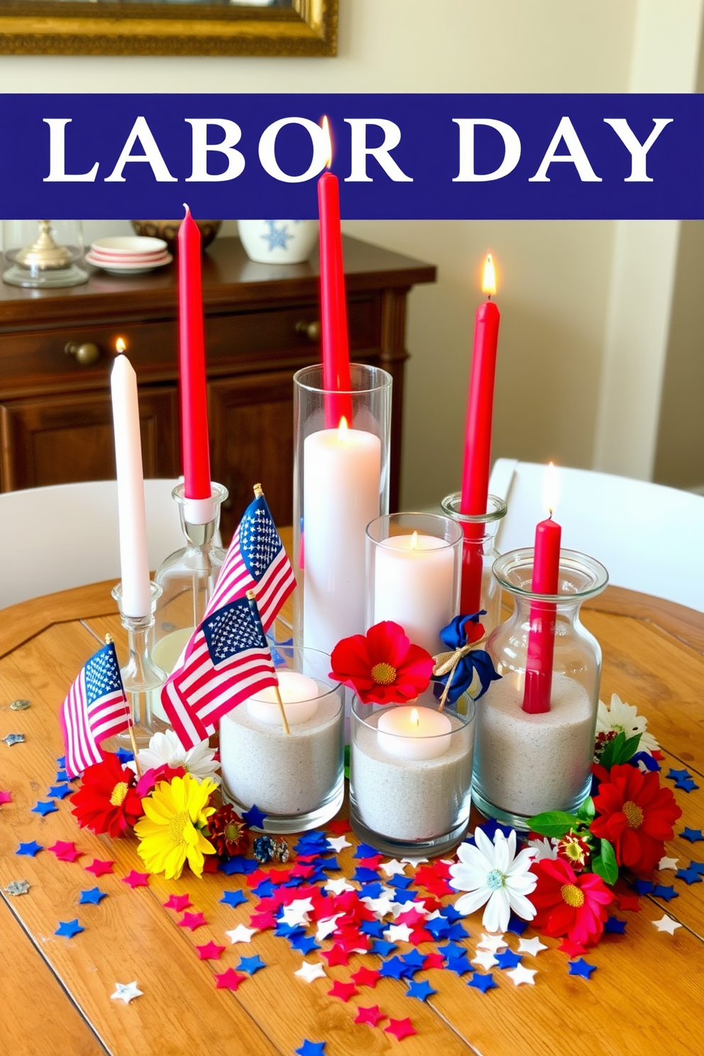 Candle arrangements featuring red white and blue candles of varying heights are artfully grouped on a rustic wooden table. Surrounding the candles are small American flags and seasonal flowers in matching colors to enhance the festive atmosphere. A centerpiece made of glass containers filled with sand and topped with candles creates a warm inviting glow. The arrangement is complemented by scattered star-shaped confetti and decorative elements that evoke the spirit of Labor Day.