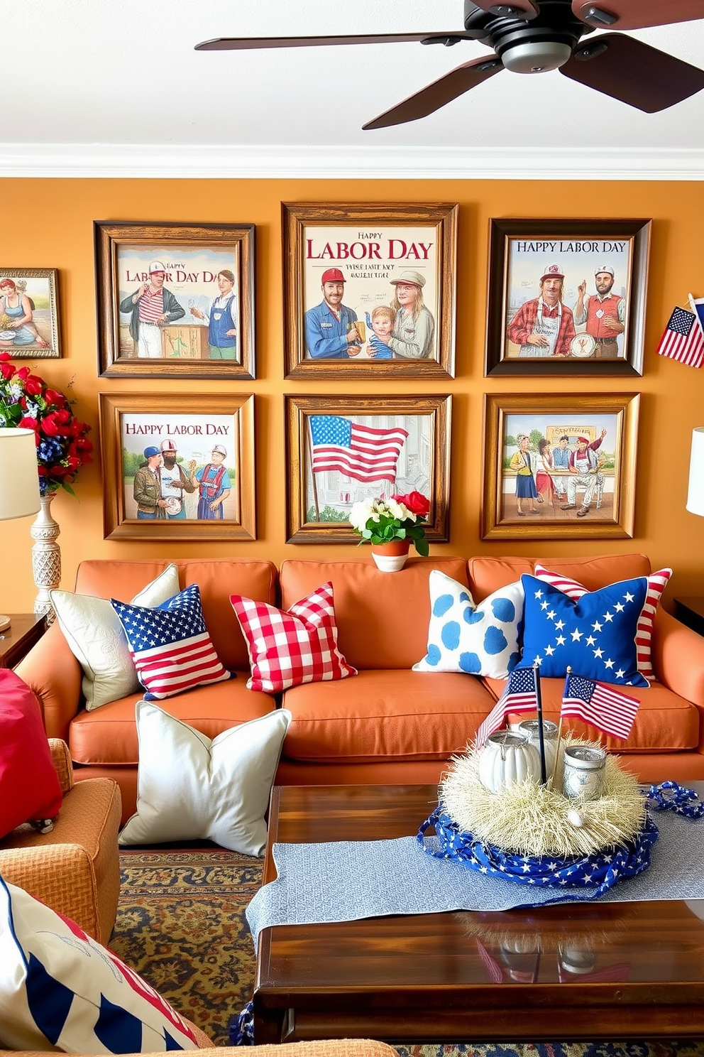 A vibrant living room adorned with wall art that celebrates Labor Day themes. The artwork showcases scenes of workers in various professions, framed in rustic wood to complement the warm color palette of the room. Festive decorations inspired by Labor Day are scattered throughout the space. Red, white, and blue accents are incorporated into throw pillows and table runners, creating a cohesive and inviting atmosphere.