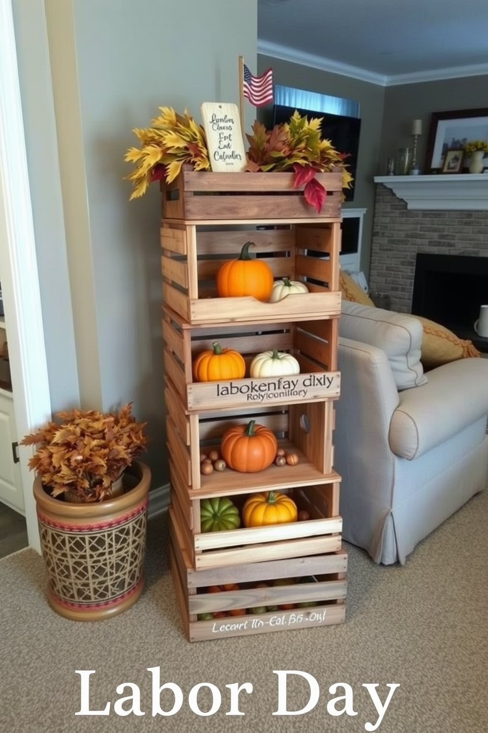 A charming display featuring rustic wooden crates stacked creatively in a cozy living room. Each crate holds seasonal decorations, including pumpkins and autumn leaves, creating a warm and inviting atmosphere for Labor Day celebrations.