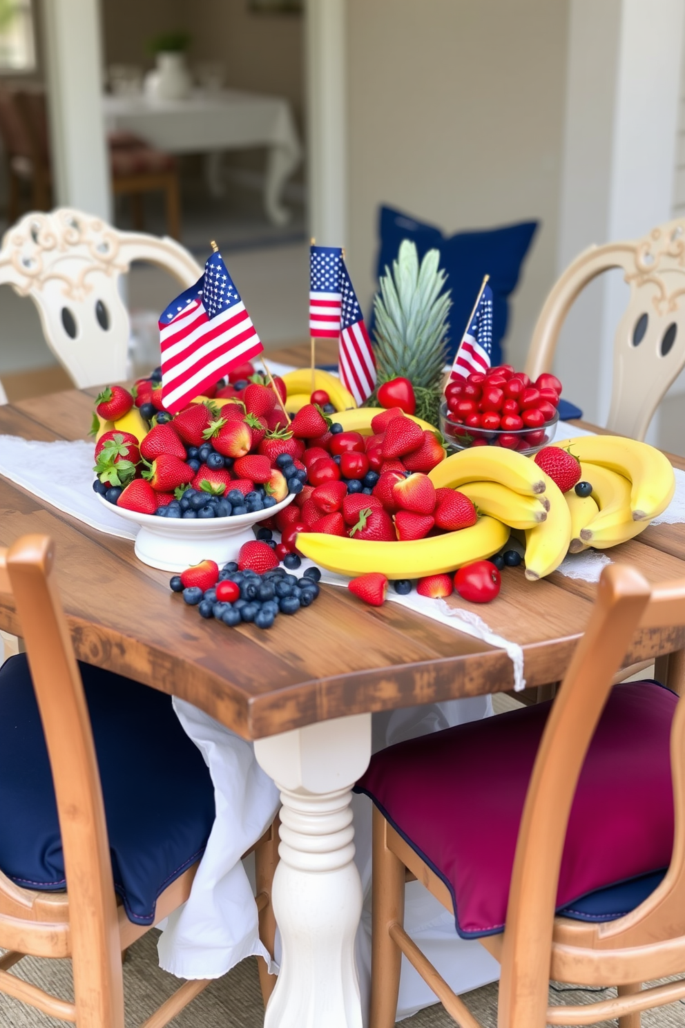 A vibrant display of seasonal fruits in red white and blue hues is arranged on a rustic wooden table. Fresh strawberries blueberries and bananas are artfully placed alongside a decorative bowl filled with cherries and a small American flag. The table is adorned with a simple white tablecloth that complements the colorful fruits. Surrounding the table are elegant chairs with navy blue cushions inviting guests to enjoy a festive Labor Day gathering.