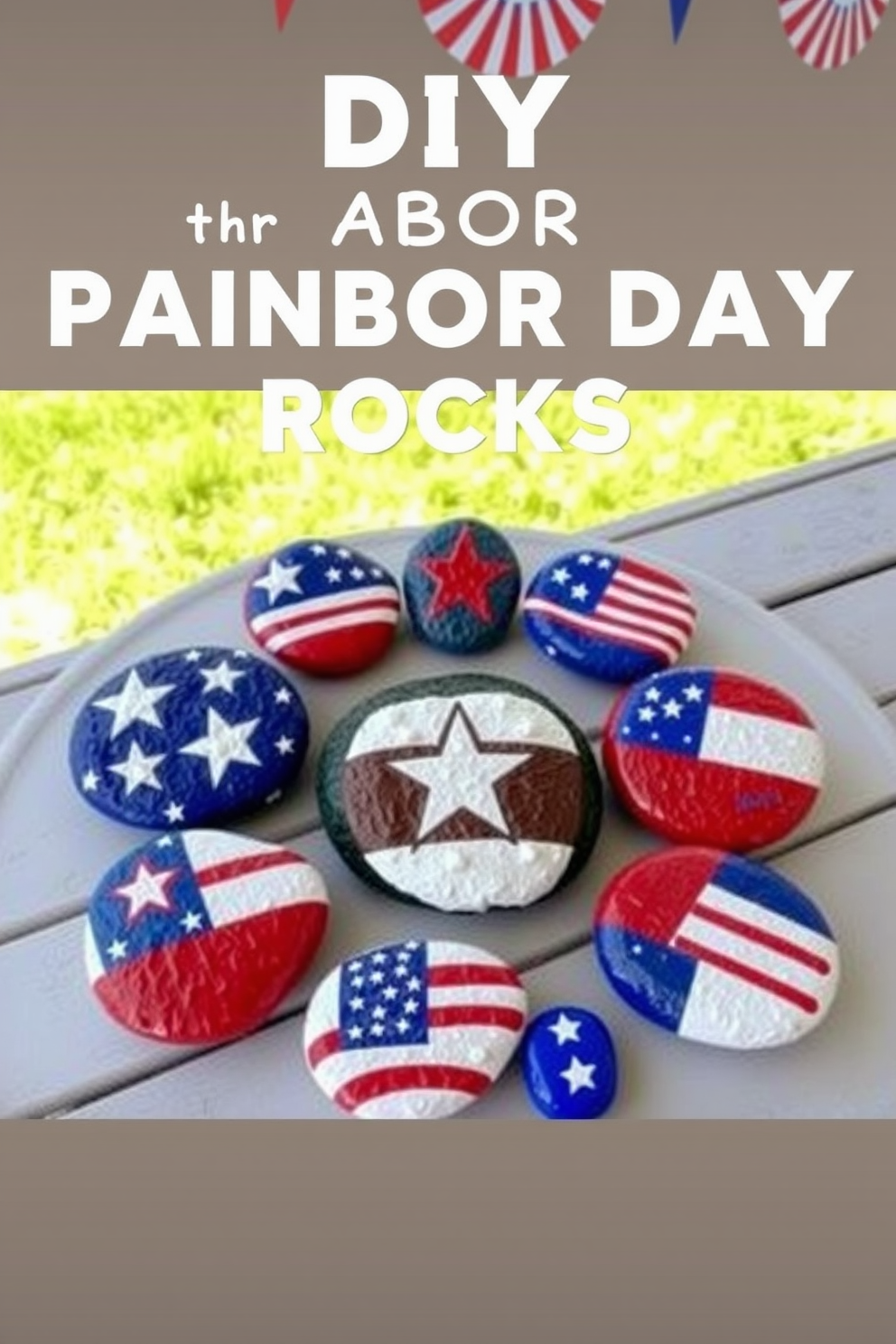 A collection of DIY painted rocks featuring vibrant patriotic designs for Labor Day celebrations. Each rock showcases a unique pattern, including stars, stripes, and red, white, and blue color schemes, arranged artfully on a picnic table surrounded by festive decorations.