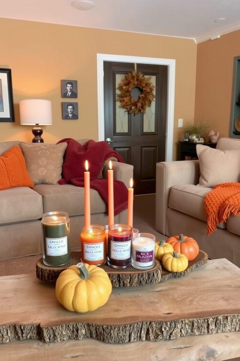 A cozy living room setting adorned with scented candles featuring rich autumn fragrances. The candles are arranged on a rustic wooden coffee table, surrounded by decorative pumpkins and warm-toned throw blankets. The walls are painted in a warm beige, complemented by deep orange and burgundy accents throughout the room. A plush sofa with soft cushions invites relaxation, while a seasonal wreath hangs on the door to welcome guests.