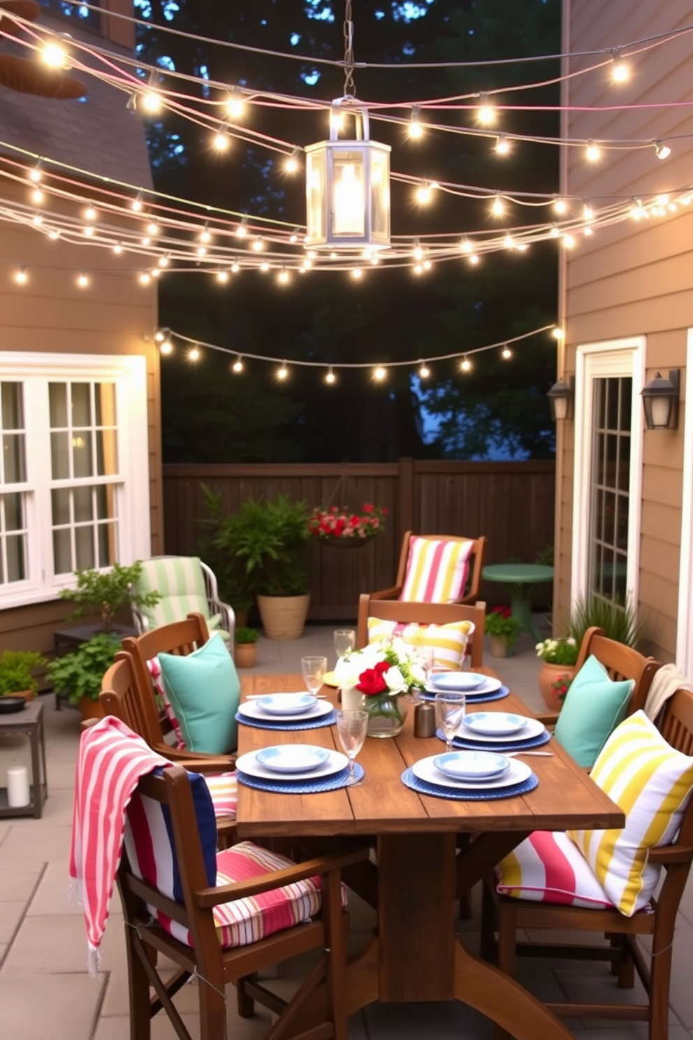 A cozy outdoor patio adorned with hanging string lights creating a warm and inviting atmosphere. The lights are draped elegantly across the space, illuminating a rustic wooden dining table set for a festive Labor Day gathering. Colorful cushions and blankets are placed on the chairs, adding a pop of color to the neutral tones of the furniture. Lanterns and small potted plants are arranged around the area, enhancing the charming outdoor decor.