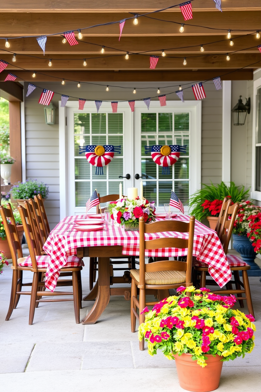 A charming outdoor dining setup for Labor Day. The table is adorned with red and white checkered tablecloths, surrounded by rustic wooden chairs and vibrant potted plants. Festive decorations hang overhead, featuring string lights and small American flags. A centerpiece of fresh flowers and candles adds a touch of elegance to the inviting atmosphere.