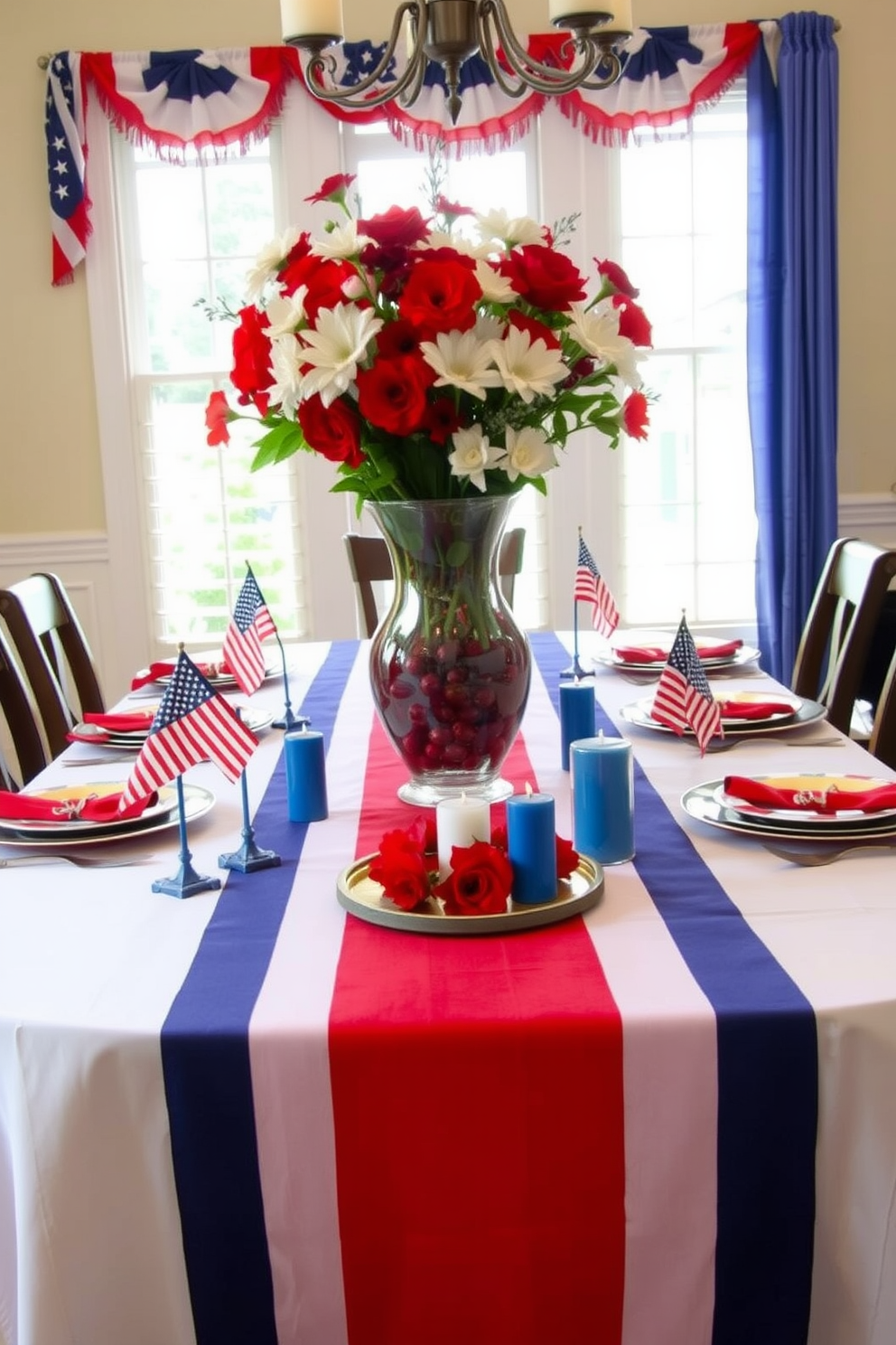 A festive dining table is adorned with vibrant red white and blue table runners that create a patriotic atmosphere. The runners are layered over a crisp white tablecloth, complemented by matching plates and napkins for a cohesive look. In the center of the table, a large vase filled with fresh red and white flowers adds a touch of elegance. Surrounding the vase, small decorative flags and candles in blue hues enhance the celebratory spirit of Labor Day.