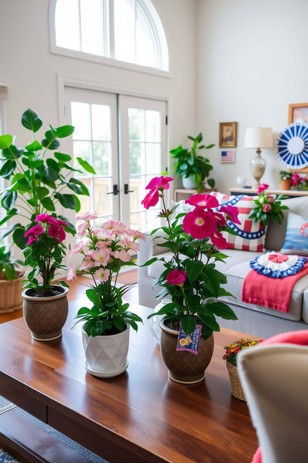 A bright and welcoming living room adorned with potted plants featuring seasonal blooms in vibrant colors. The plants are arranged in decorative ceramic pots on a wooden coffee table, complemented by soft, natural light streaming through large windows. Festive Labor Day decorations are tastefully displayed throughout the space. Red, white, and blue accents are incorporated in throw pillows, table runners, and wall art, creating a cheerful and patriotic atmosphere.