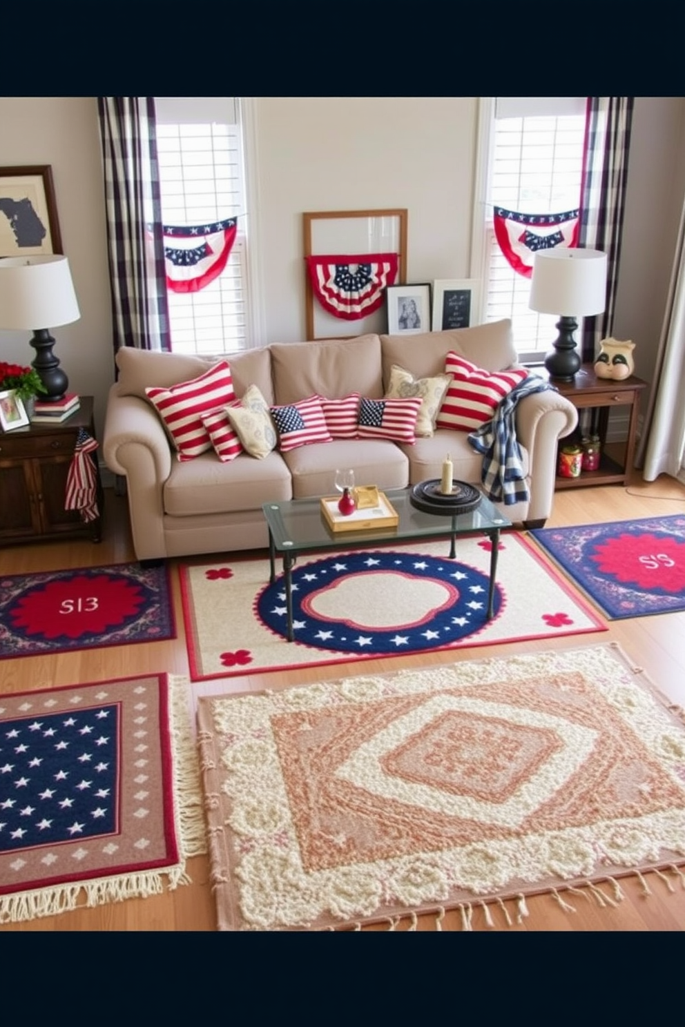 A cozy living room adorned with accent rugs in red, white, and blue hues. The rugs are layered over a neutral hardwood floor, creating a warm and inviting atmosphere perfect for celebrating Labor Day. Cushions with stars and stripes patterns are scattered across a plush sofa, enhancing the patriotic theme. A tasteful arrangement of seasonal decorations, including small flags and themed artwork, completes the festive look.