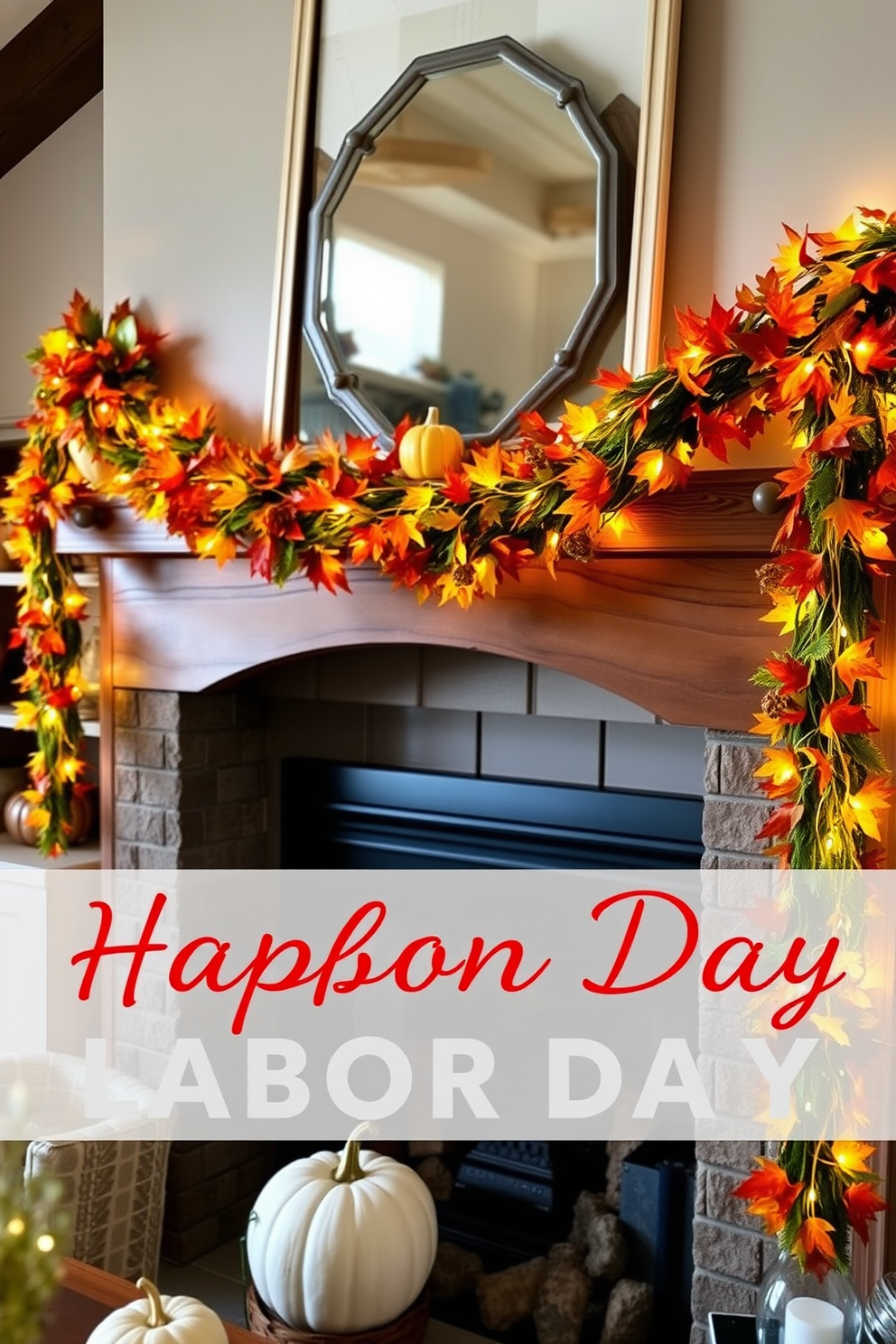 A cozy living room adorned with seasonal garlands draped elegantly over a rustic wooden mantel. The garlands feature vibrant autumn leaves, small pumpkins, and twinkling fairy lights, creating a warm and inviting atmosphere for Labor Day celebrations.