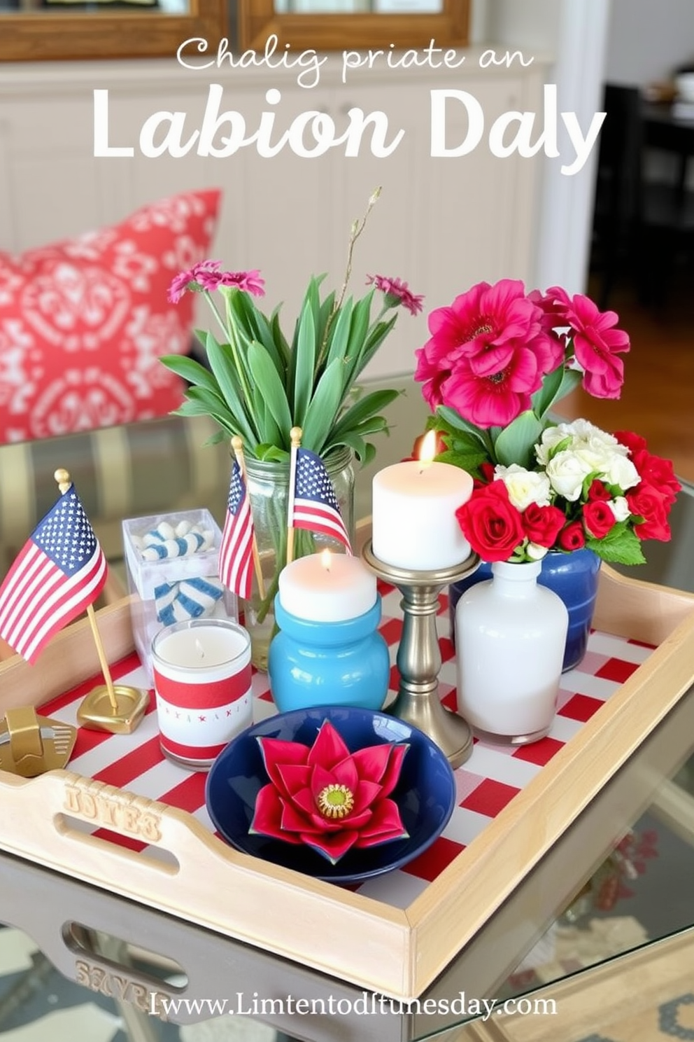 Create an inviting Labor Day themed display using decorative trays filled with seasonal items. Incorporate red, white, and blue elements like small flags, star-shaped candles, and fresh flowers to celebrate the holiday.