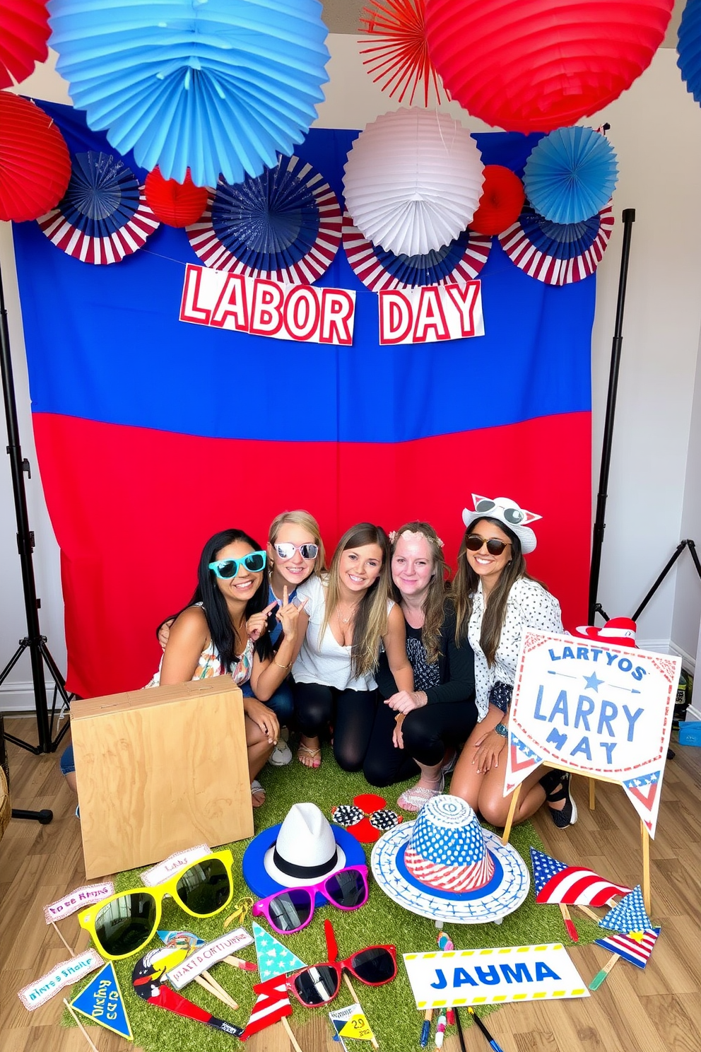 A creative photo booth setup featuring a vibrant backdrop adorned with festive Labor Day decorations. Colorful props such as oversized sunglasses, hats, and themed banners are scattered throughout the space to encourage playful interactions.