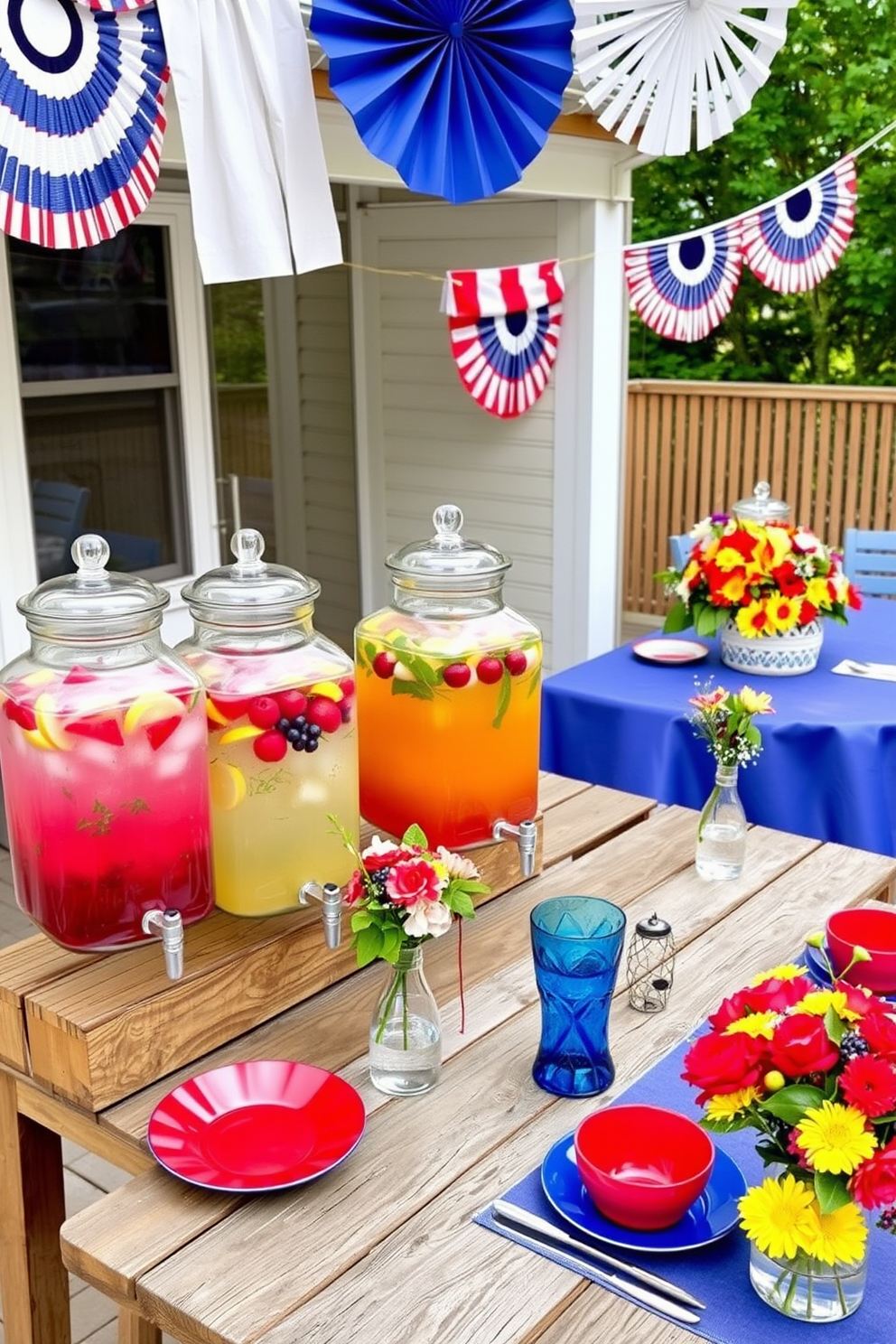 Colorful drink dispensers are arranged on a rustic wooden table, filled with refreshing beverages like lemonade and iced tea. Brightly colored fruits and herbs float in the dispensers, adding a festive touch to the setup. Labor Day decorations adorn the outdoor space, featuring red, white, and blue bunting draped across the patio. A table is set with vibrant tableware, complemented by cheerful centerpieces of seasonal flowers.