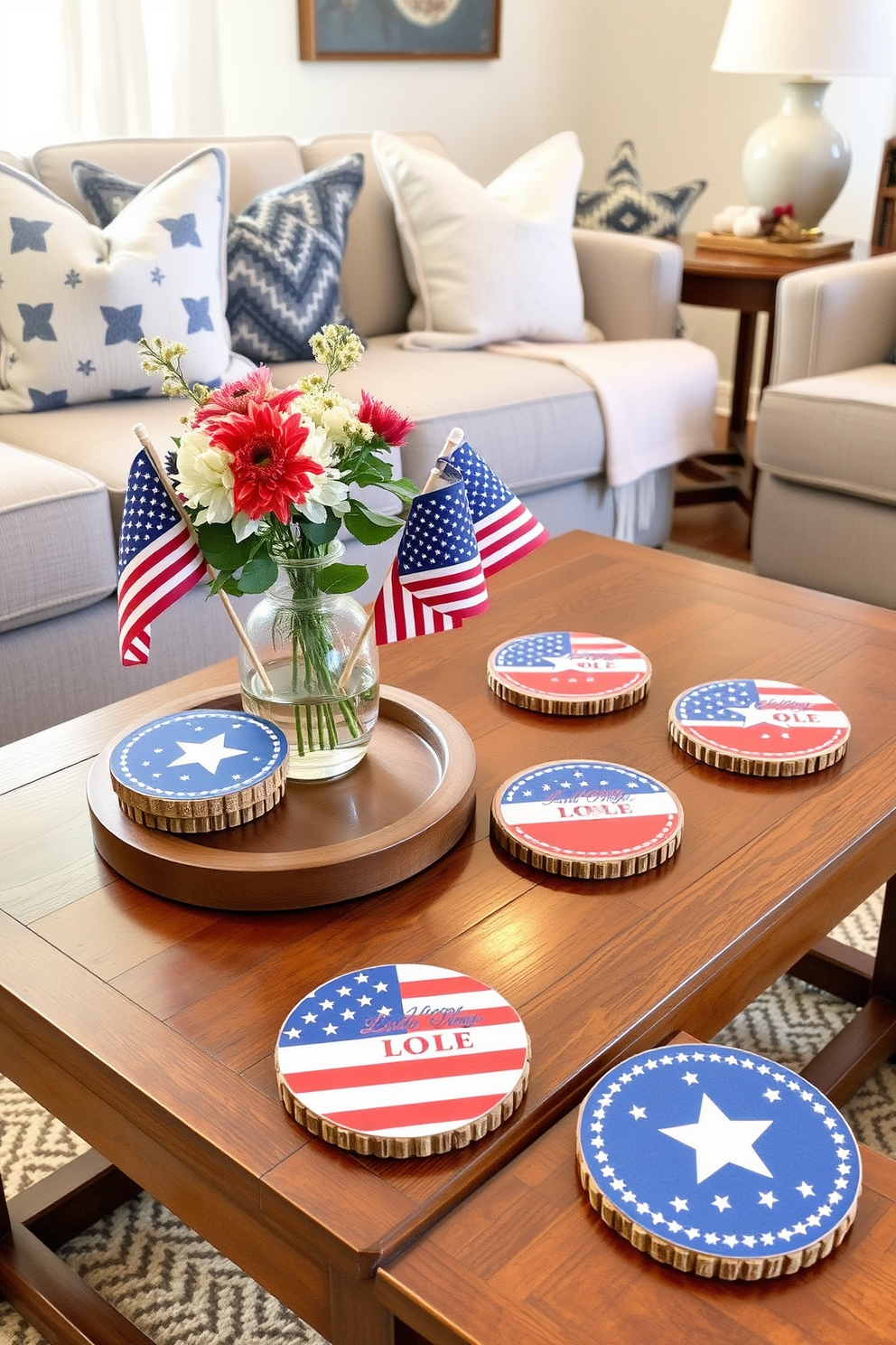 Patriotic themed coasters are displayed on wooden tables in a cozy living room setting. The coasters feature vibrant red white and blue designs that celebrate the spirit of Labor Day. Decorative elements include small flags and seasonal flowers arranged alongside the coasters. Soft lighting creates a warm inviting atmosphere perfect for gathering with friends and family.