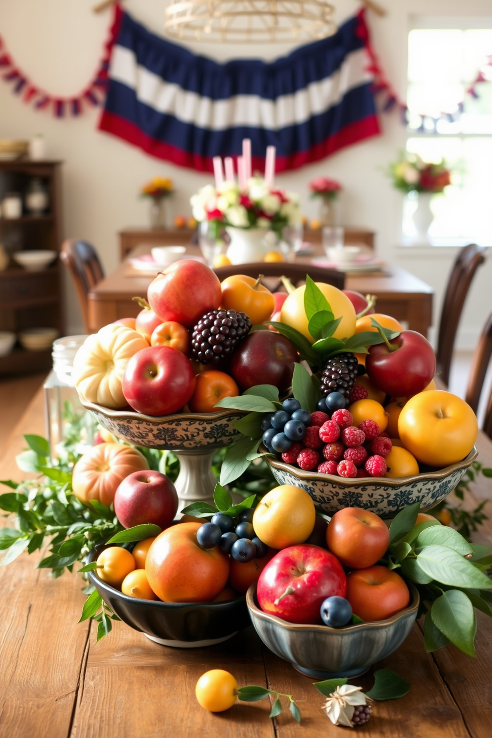 A vibrant display of seasonal fruits arranged in decorative bowls. The bowls are placed on a rustic wooden table, surrounded by greenery and soft, natural light. Creative Labor Day decorating ideas featuring red, white, and blue accents. The space is adorned with festive banners, table settings, and seasonal flowers to celebrate the holiday.