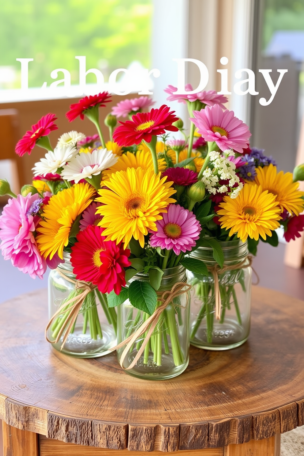 A charming display of mason jars filled with fresh flowers sits on a rustic wooden table. The vibrant colors of the flowers contrast beautifully with the natural wood, creating a cozy and inviting atmosphere for Labor Day celebrations.