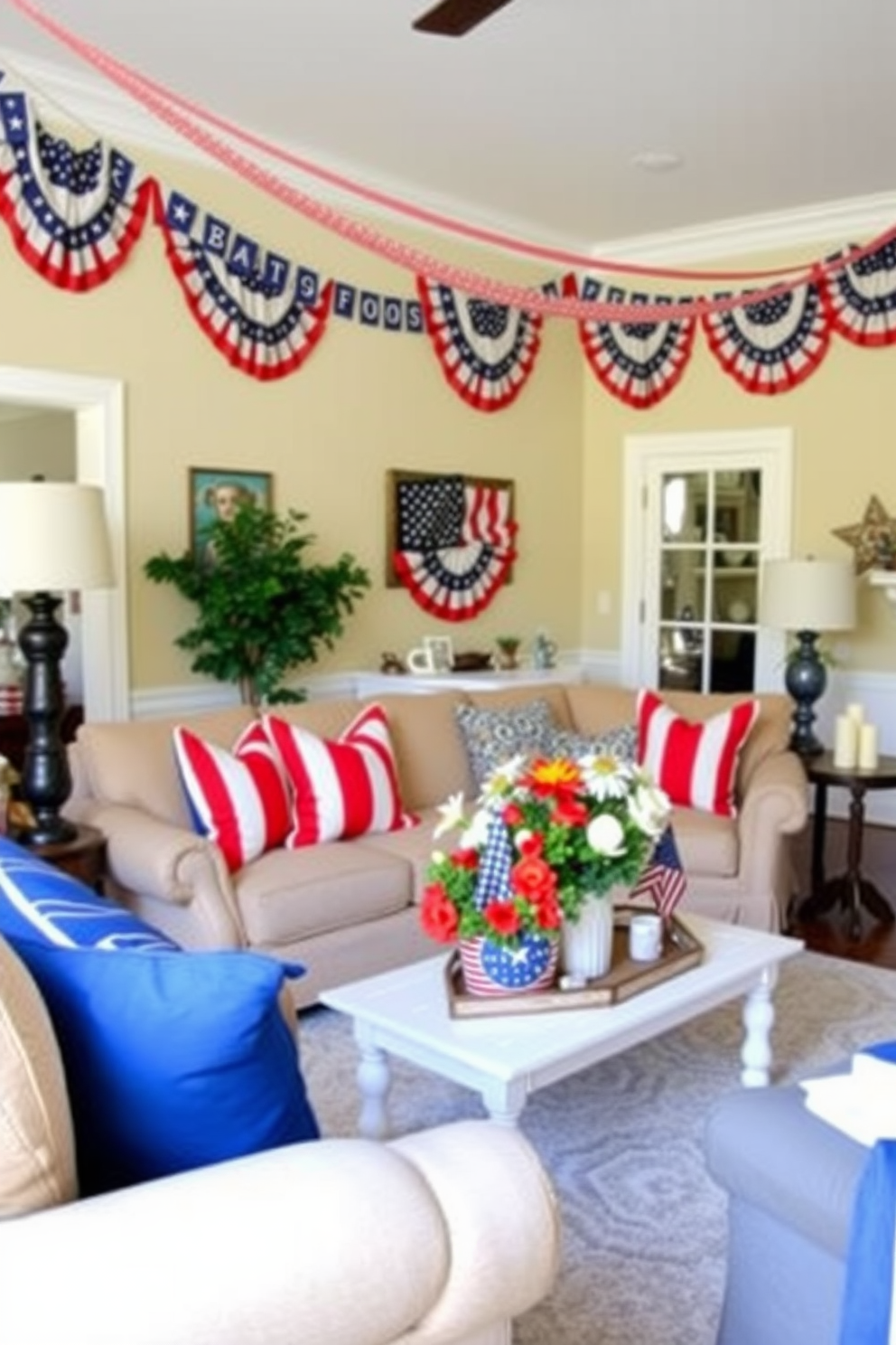 A festive living room adorned with American flag bunting draped across the walls. The space features a cozy sofa with red and blue throw pillows and a coffee table decorated with seasonal flowers and patriotic-themed accents.