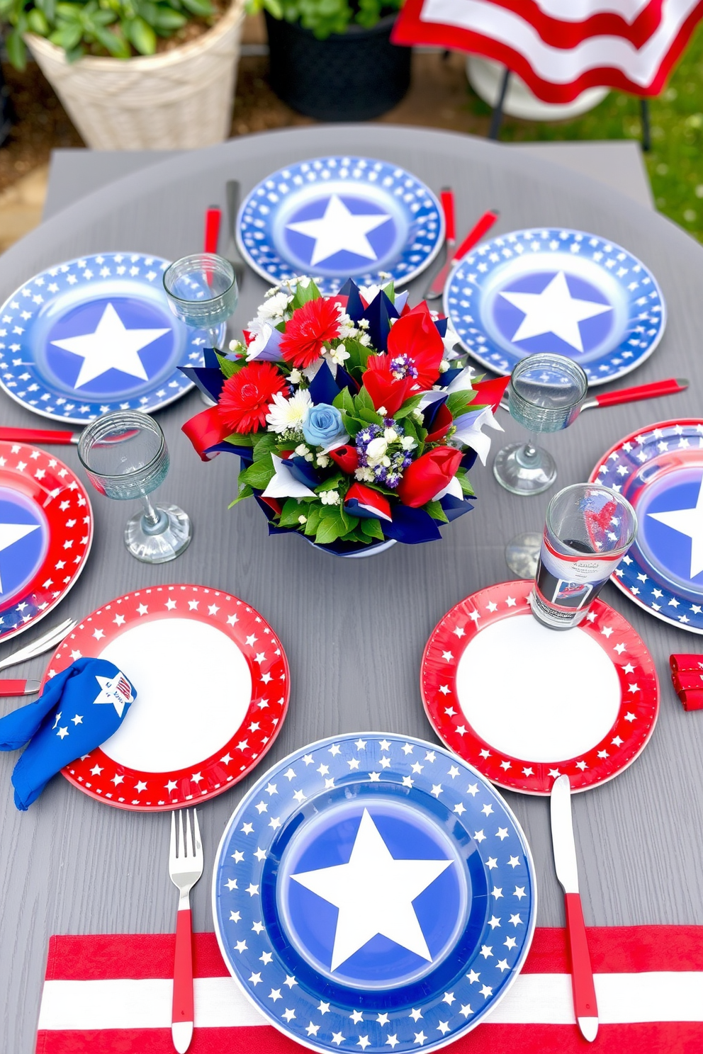 A festive outdoor dining setup featuring tableware adorned with stars and stripes patterns. The table is set with vibrant red, white, and blue plates, accompanied by matching napkins and cutlery, creating a patriotic atmosphere for Labor Day celebrations.