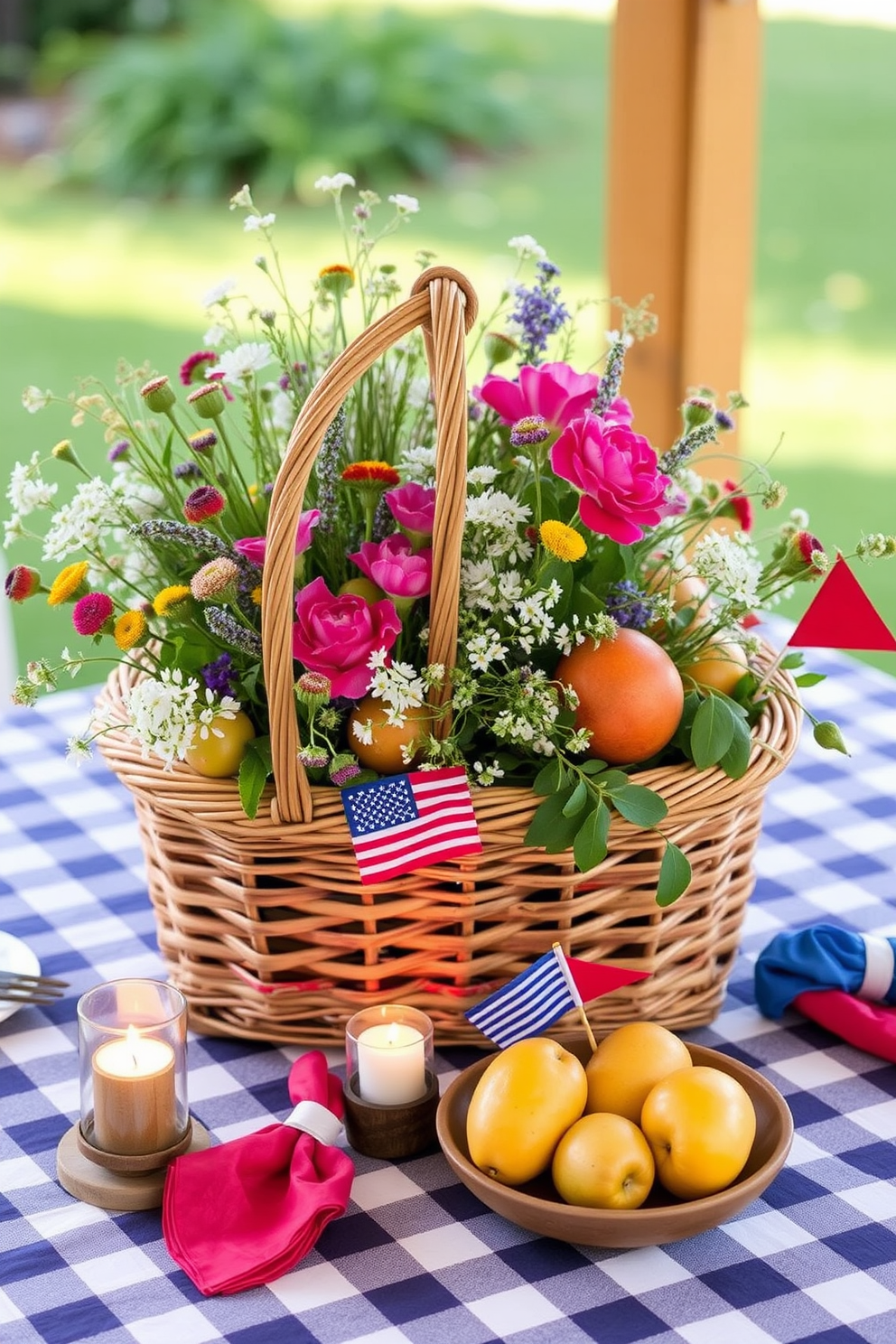 A charming vintage picnic basket serves as a centerpiece, filled with fresh wildflowers and seasonal fruits. Surrounding the basket are small decorative candles in rustic holders, adding warmth to the Labor Day gathering. The picnic basket is placed on a checkered tablecloth, evoking a nostalgic outdoor vibe. Accents of red, white, and blue are incorporated through napkins and small flags, celebrating the festive spirit of Labor Day.