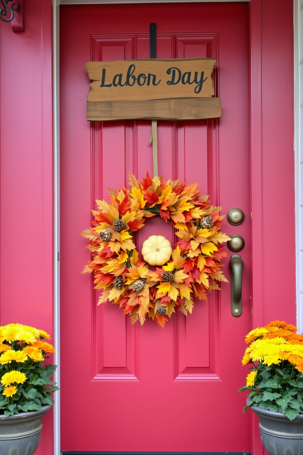 A charming front door adorned with a vibrant seasonal wreath made of autumn leaves, pinecones, and small pumpkins. The door is painted in a warm cranberry red, creating a welcoming entrance that reflects the spirit of Labor Day. The wreath is complemented by a rustic welcome sign hanging above it, crafted from reclaimed wood. Flanking the door are potted chrysanthemums in shades of yellow and orange, adding a burst of color to the entryway.