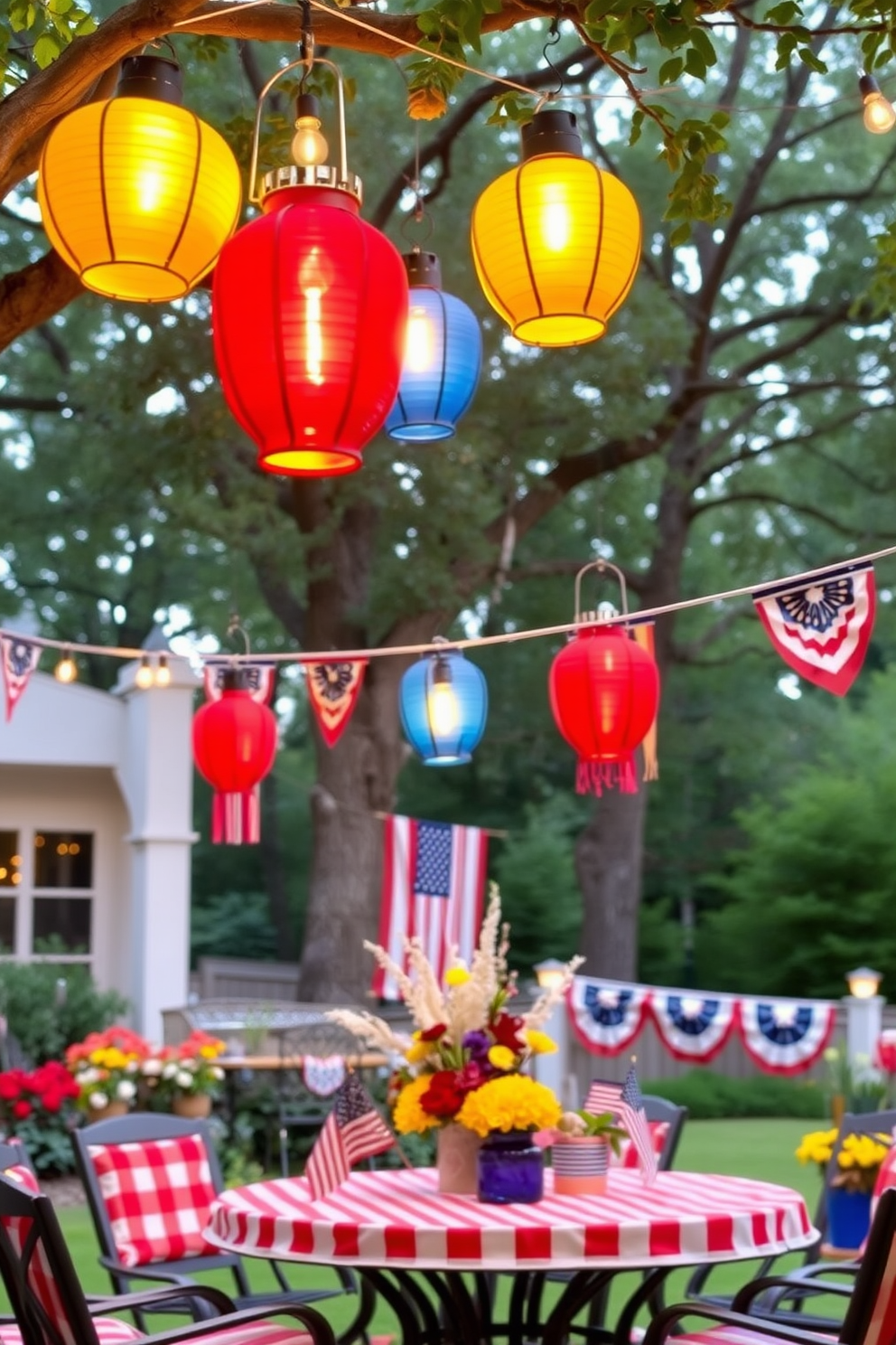 Colorful lanterns hang from the trees, casting a warm glow across the backyard. The vibrant hues of red, blue, and yellow create a festive atmosphere, perfect for an evening gathering. Labor Day decorations feature a mix of patriotic colors and seasonal elements. Striped tablecloths, star-spangled banners, and fresh flowers create an inviting space for friends and family to enjoy.