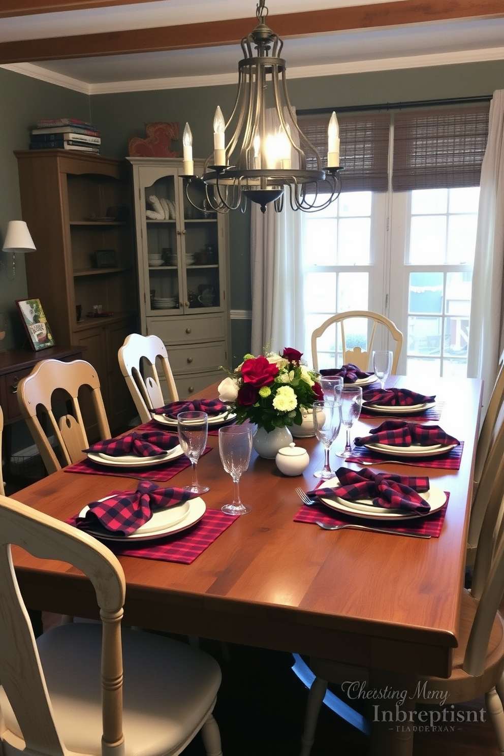 A cozy dining room setting with a rustic wooden table set for a festive Labor Day gathering. The table is adorned with plaid napkins in shades of red and blue, complemented by white dinnerware and a centerpiece of seasonal flowers. Around the table, mismatched chairs add charm and warmth to the atmosphere. Soft lighting from a vintage chandelier casts a welcoming glow, enhancing the inviting vibe of the space.