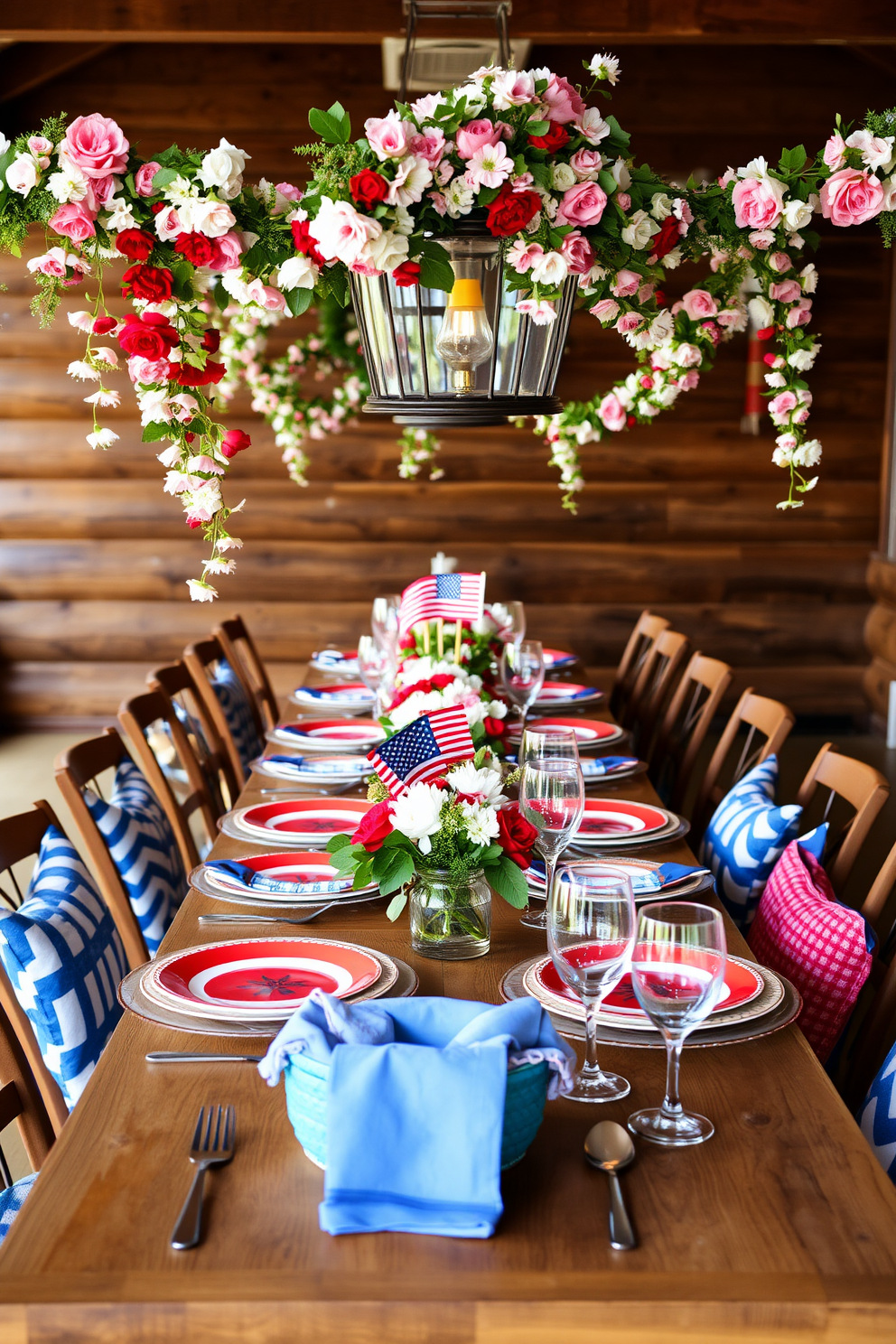 Floral garlands gracefully drape across a long wooden dining table set for a festive Labor Day celebration. The table is adorned with vibrant red, white, and blue accents, including cheerful plates and elegant glassware, creating a warm and inviting atmosphere.