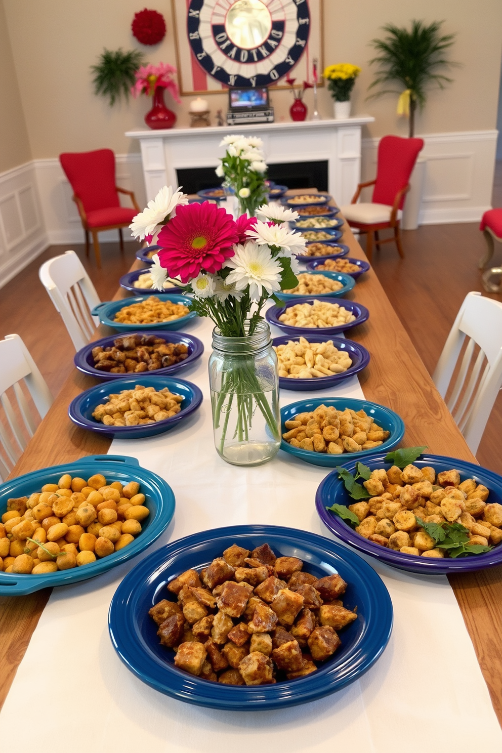 A buffet style setup features a long wooden table adorned with a crisp white tablecloth. Colorful platters filled with seasonal dishes are artfully arranged, inviting guests to serve themselves. The dining room is decorated with cheerful red and blue accents, reflecting the spirit of Labor Day. Fresh flowers in a mason jar serve as a centerpiece, adding a touch of charm to the festive atmosphere.