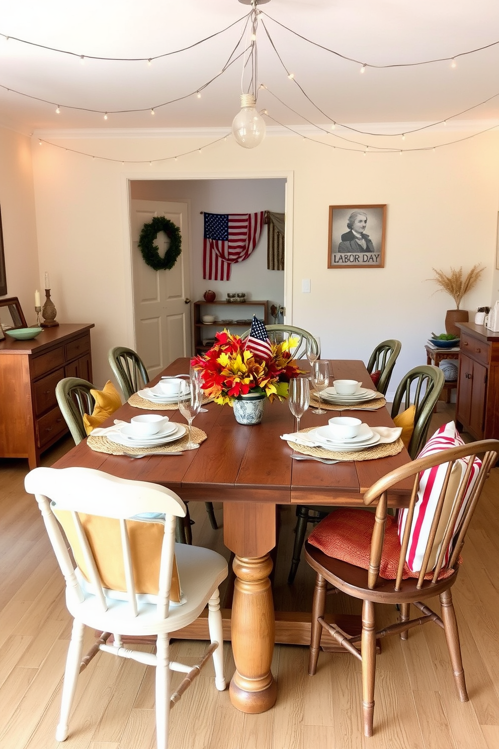 A warm and inviting dining room featuring a rustic wooden table set for a festive Labor Day gathering. Surrounding the table are mismatched chairs adorned with cushions in autumn colors, while seasonal leaves are artfully arranged as a centerpiece. The walls are painted a soft cream, creating a bright and airy atmosphere. String lights are draped across the ceiling, casting a cozy glow over the space, enhancing the festive feel of the occasion.