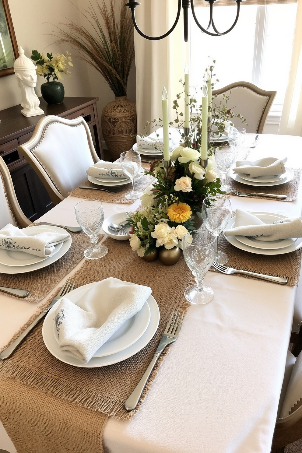 A cozy dining room setting featuring layered textures with soft linens and rustic burlap. The table is elegantly set with a mix of neutral-colored tablecloths and burlap runners, complemented by natural elements like wooden placemats and seasonal floral arrangements.