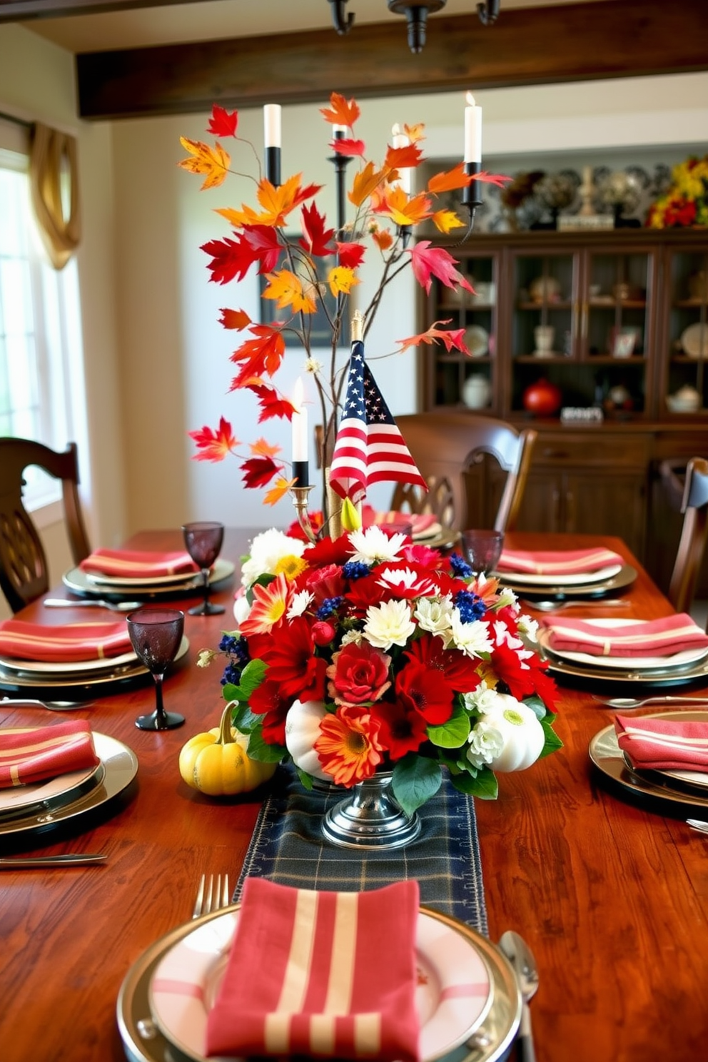 Artistic centerpieces adorned with vibrant autumn leaves and miniature pumpkins create a warm and inviting atmosphere. A rustic wooden table is set with elegant dinnerware, complemented by soft candlelight that enhances the seasonal theme. For Labor Day dining room decorating ideas, incorporate red, white, and blue accents through table runners and napkins. A striking centerpiece featuring fresh flowers in patriotic colors adds a festive touch to your holiday gathering.