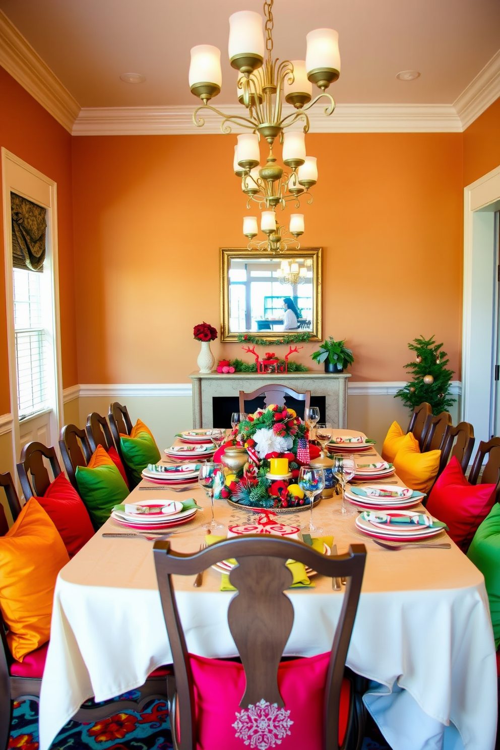 A vibrant dining room setting filled with colorful throw pillows on each chair. The table is elegantly set with a festive tablecloth, and seasonal decorations are placed in the center. The walls are painted in a warm neutral tone, creating a cozy atmosphere. Soft lighting from elegant fixtures enhances the inviting feel of the space.