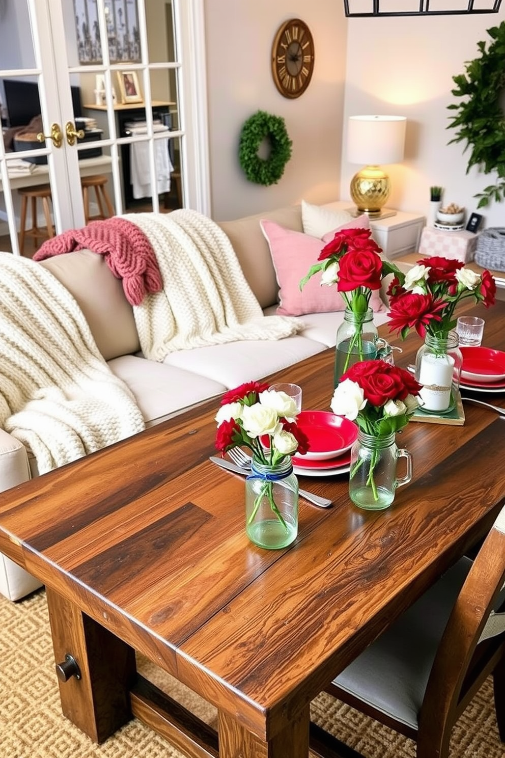 Cozy blankets for chilly evening gatherings. Soft knitted throws are draped over a plush sectional sofa, inviting guests to snuggle up while sipping warm drinks. Labor Day Dining Room Decorating Ideas. A rustic wooden table is set with vibrant red and blue tableware, complemented by fresh flowers in mason jars for a festive touch.