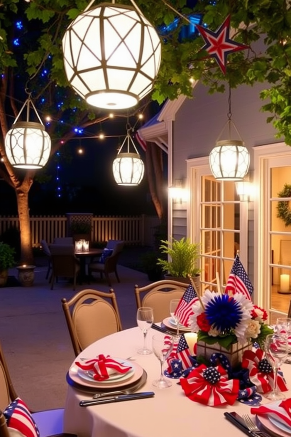 A serene outdoor space illuminated by decorative lanterns. The lanterns are hung from trees and placed on tables, casting a warm glow over the gathering area. A festive dining room setting for Labor Day celebrations. The table is adorned with red, white, and blue decorations, complemented by seasonal centerpieces and elegant tableware.