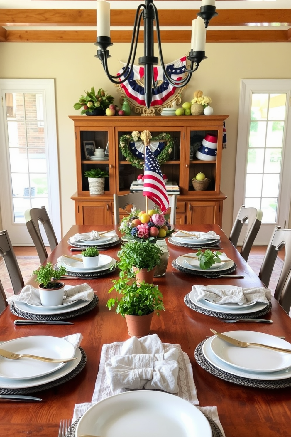 A charming dining room setting adorned with fresh herbs in rustic pots as table decor. The wooden dining table is elegantly set with white plates, linen napkins, and small herb arrangements that add a touch of greenery and freshness to the atmosphere. Labor Day decorations feature a warm color palette of red, white, and blue. Festive bunting hangs from the ceiling, and a centerpiece of seasonal fruits and flowers enhances the celebratory vibe of the dining space.