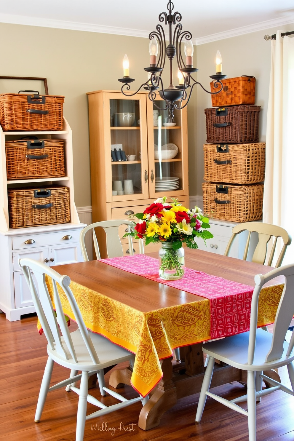 A charming dining room setting featuring vintage picnic baskets used as stylish storage displays. The room is adorned with a rustic wooden dining table surrounded by mismatched chairs, creating a cozy and inviting atmosphere. On the table, a vibrant tablecloth is spread, complemented by a centerpiece of seasonal flowers in a mason jar. Soft, ambient lighting from a vintage chandelier enhances the warm tones of the decor, perfect for a Labor Day celebration.